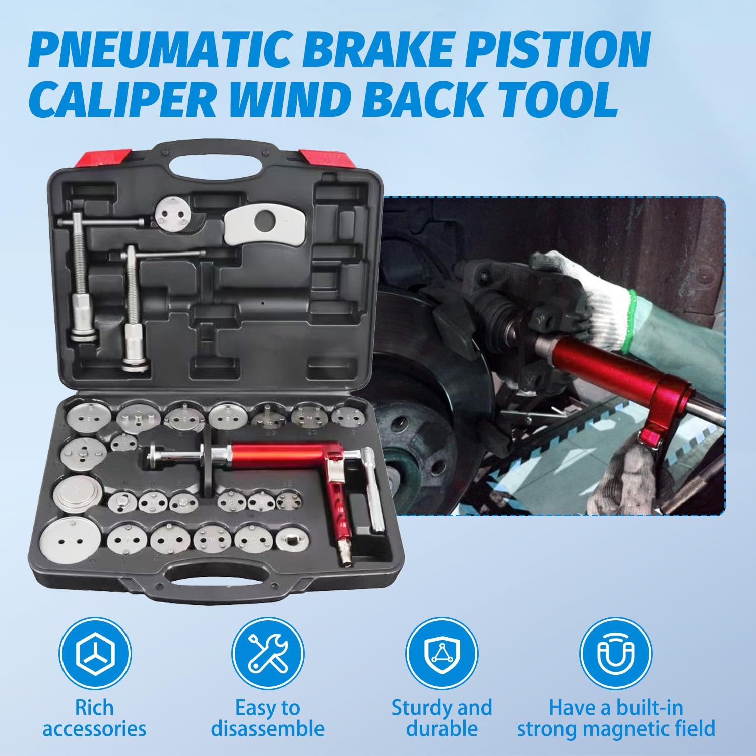 Pneumatic Brake Caliper Compression Tool, 28-Piece Heavy Duty Disc Brake Caliper Piston Compressor Rewind Tool Set Wind Back Tool Kit with 23 Adapters for Brake Pad Replacement Reset