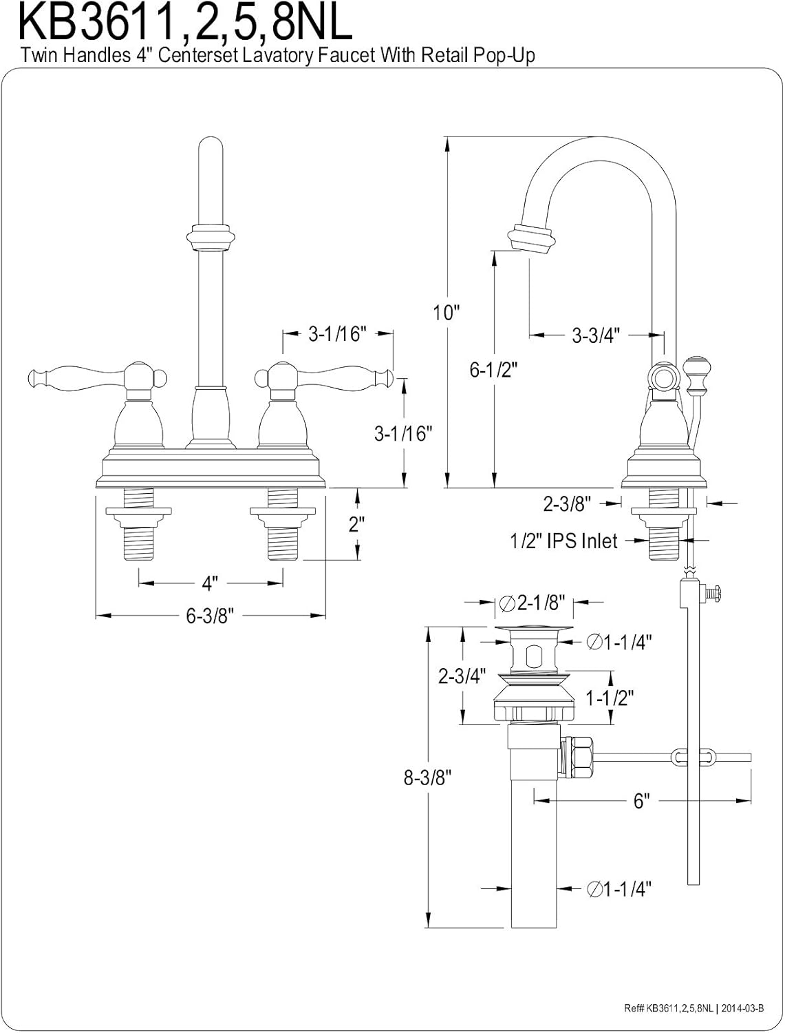 Kingston Brass KB3618NL Vintage 4-Inch Centerset Bathroom Faucet, 10 x 6.38 x 2.38, Brushed Nickel