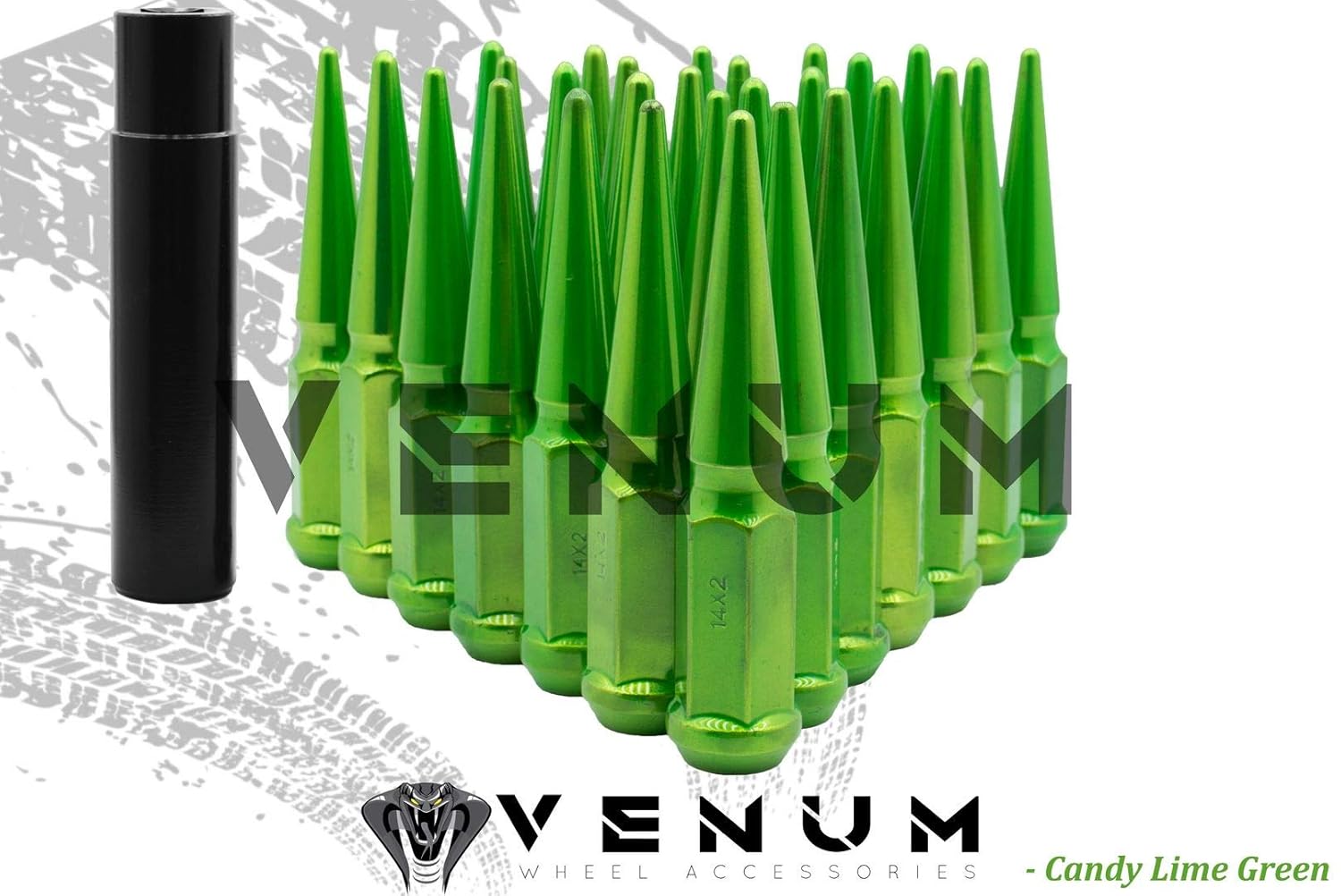 24 Pc Powder Coated Candy Lime Green Spike Lug Nuts | M14x1.5 | 4.5 inch Tall | 1 Piece Construction | Compatible with Silverado + More