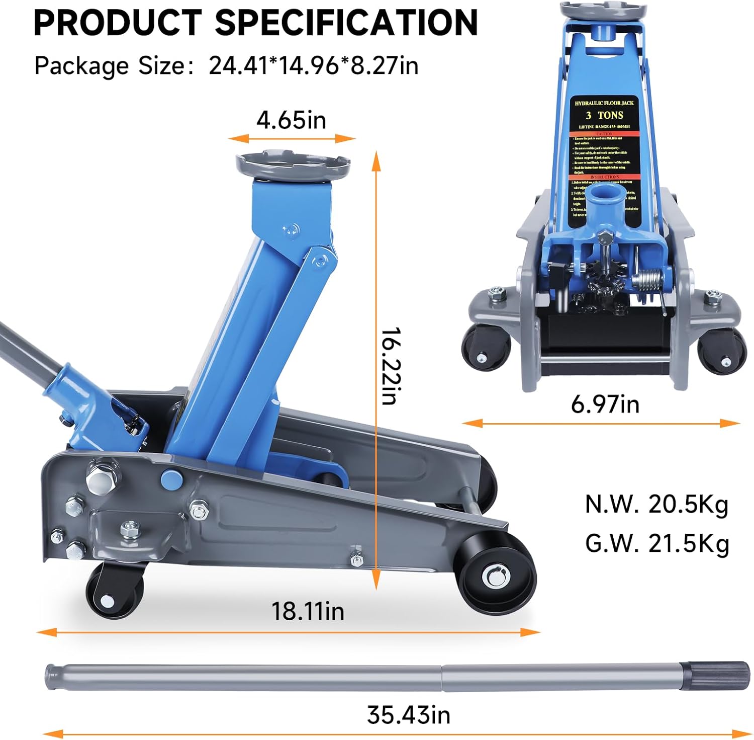 LARBANKE 3 Ton Floor Jack,Made of Durable Carbon Steel with Wheels for Secure Lifting,Fast Lift Floor Jack with Range of 5.31