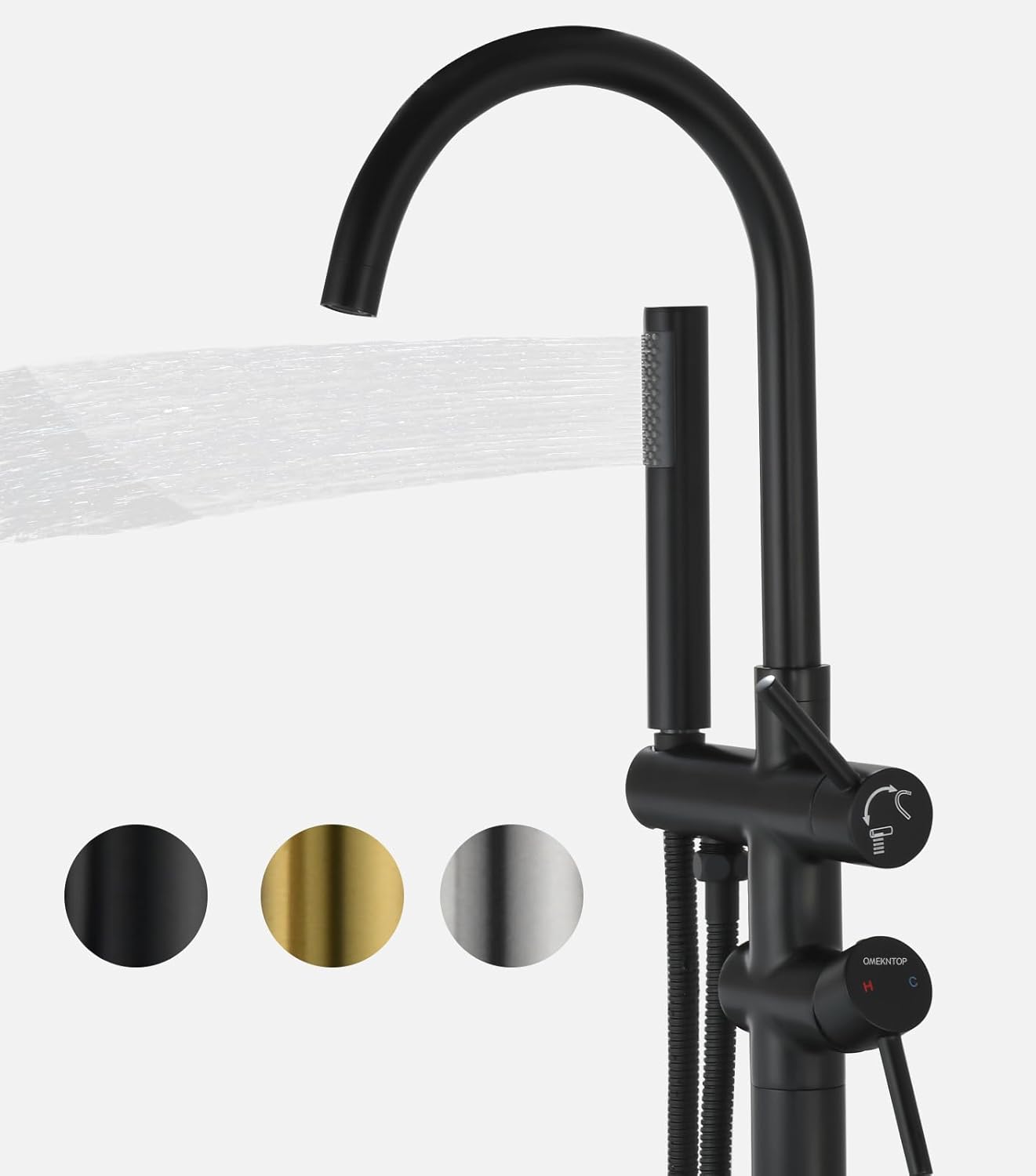 Freestanding Bathtub Faucet, Matte Black Floor Mount Tub Filler, Modern Freestanding Tub Faucet with 360 Swivel Gooseneck Spout and Handheld Shower, Standing Tub Faucet for Bathroom