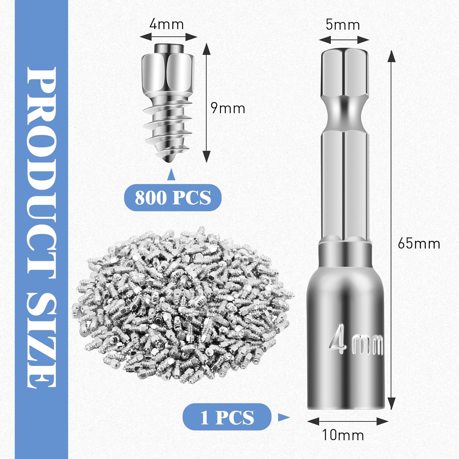 800pcs Carbide Screw Tire Studs Anti Slip Snow Tire Studs Wheel Tyre Anti Ice Snow Spikes for SUV/tractor/ATV/UTV/motorcycle, with Installation Tool (4x9mm,Silver)