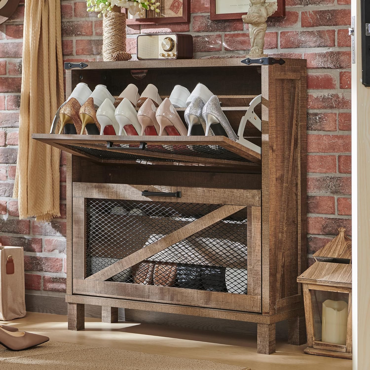 JXQTLINGMU Shoe Cabinet with 2 Flip Drawers, Farmhouse Shoe Storage Cabinet with Mesh Doors and Adjustable Shelves, Rustic Wooden Shoe Organizer, Small Shoe Cabinet Storage for Entryway, Light Brown