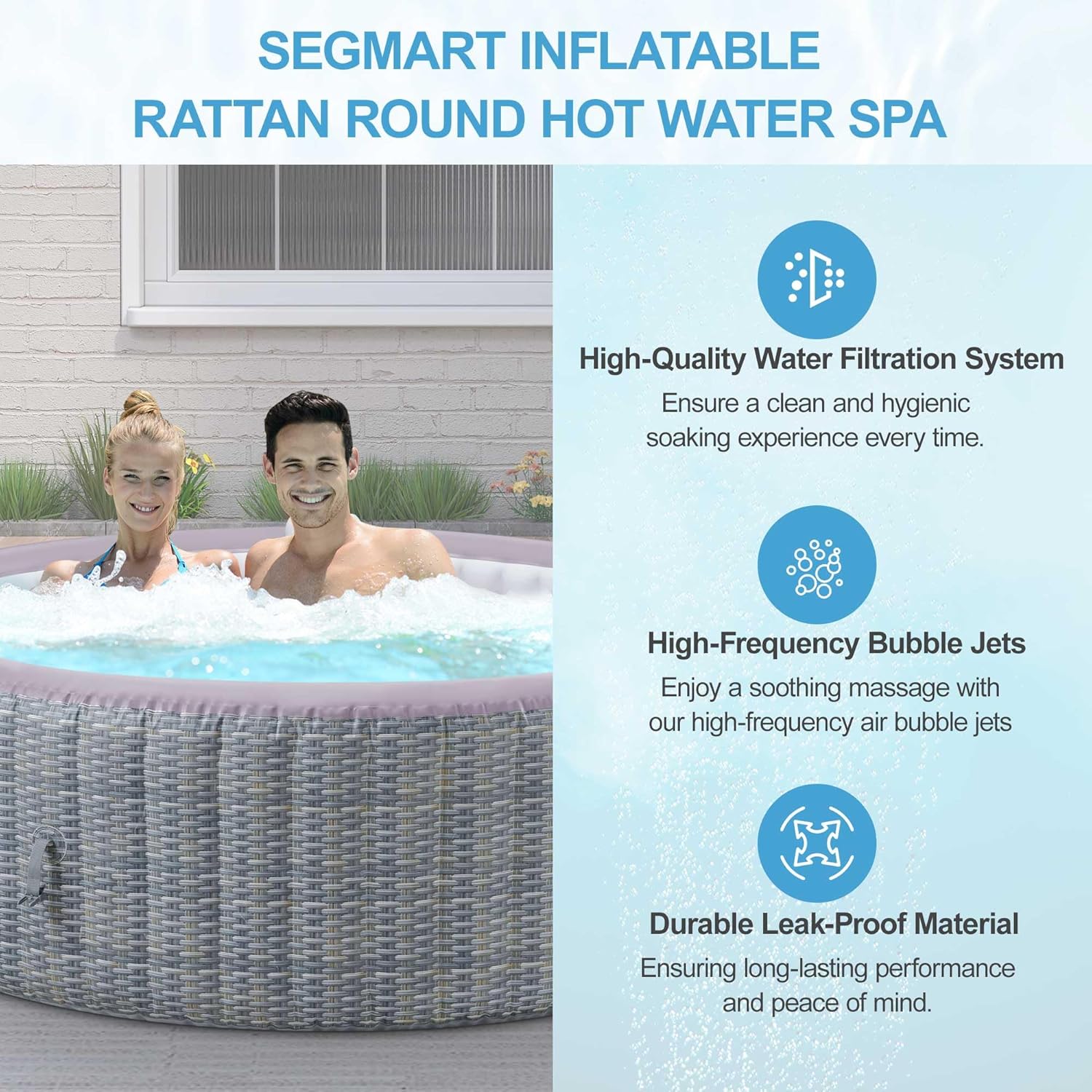 Inflatable Hot Tub for 4-6 People, Portable Bubble Massage Spa with 130 Soothing Jets, Built-in Heater Pump & 6 Filter Cartridges (Round)