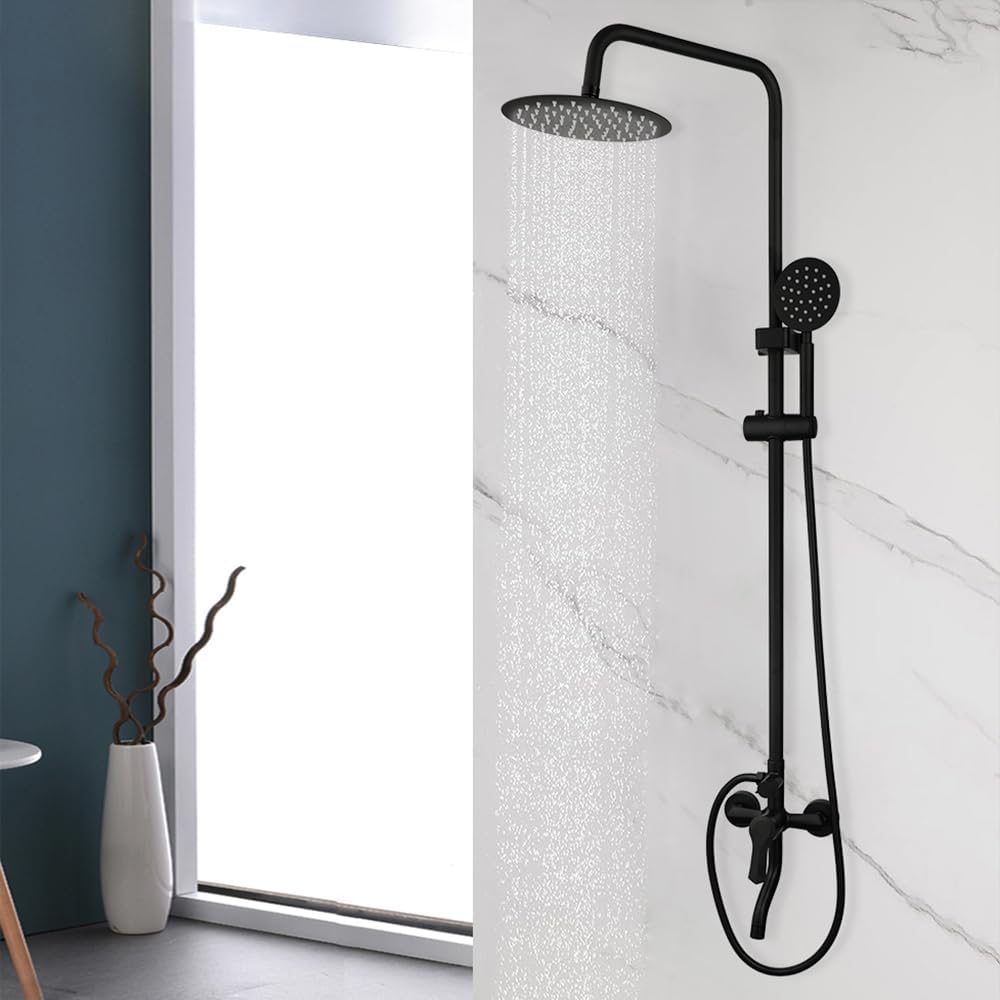 Exposed Shower System, 8 Inch Rain Shower Head and Outdoor Shower Fixture, Black Shower Faucet Set and Exposed Shower with Handheld Spray Head