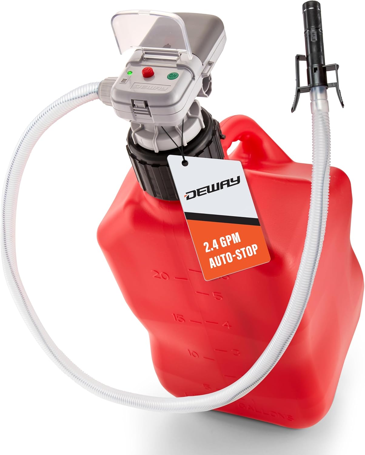 Deway Automatic Fuel Transfer Pump w/Hand Nozzle, AA Battery Powered, Advanced Adapters For All Size Gas & VP Racing Cans, Extra Long 59
