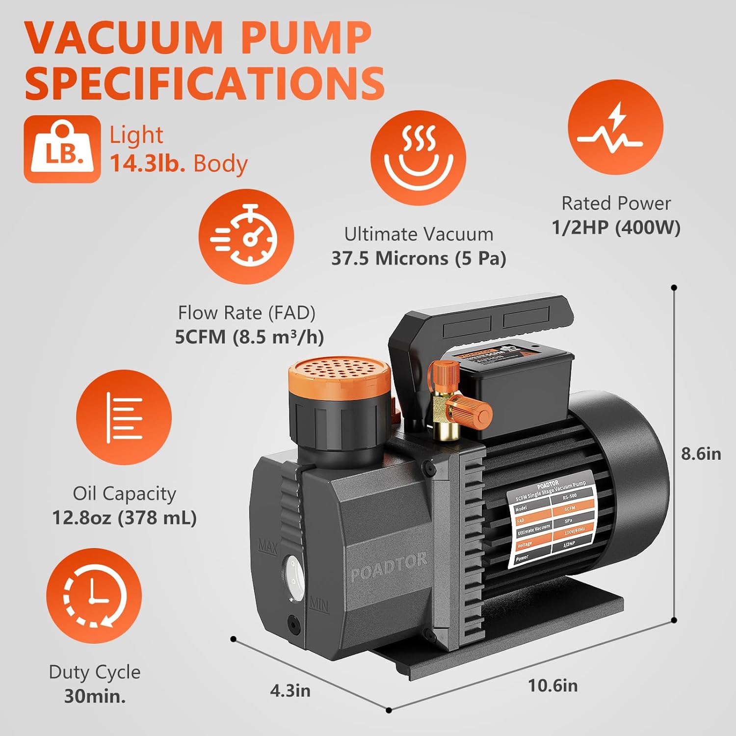 5CFM Vacuum Pump, 1-Stage HVAC Vacuum Pump, 1/2HP 38 Micron 110V Air Conditioning Vacuum Pump Kit for R12 R22 R134a R410a, HVAC/AUTO AC Refrigerant Recharging, Milking Cow, Oil Included