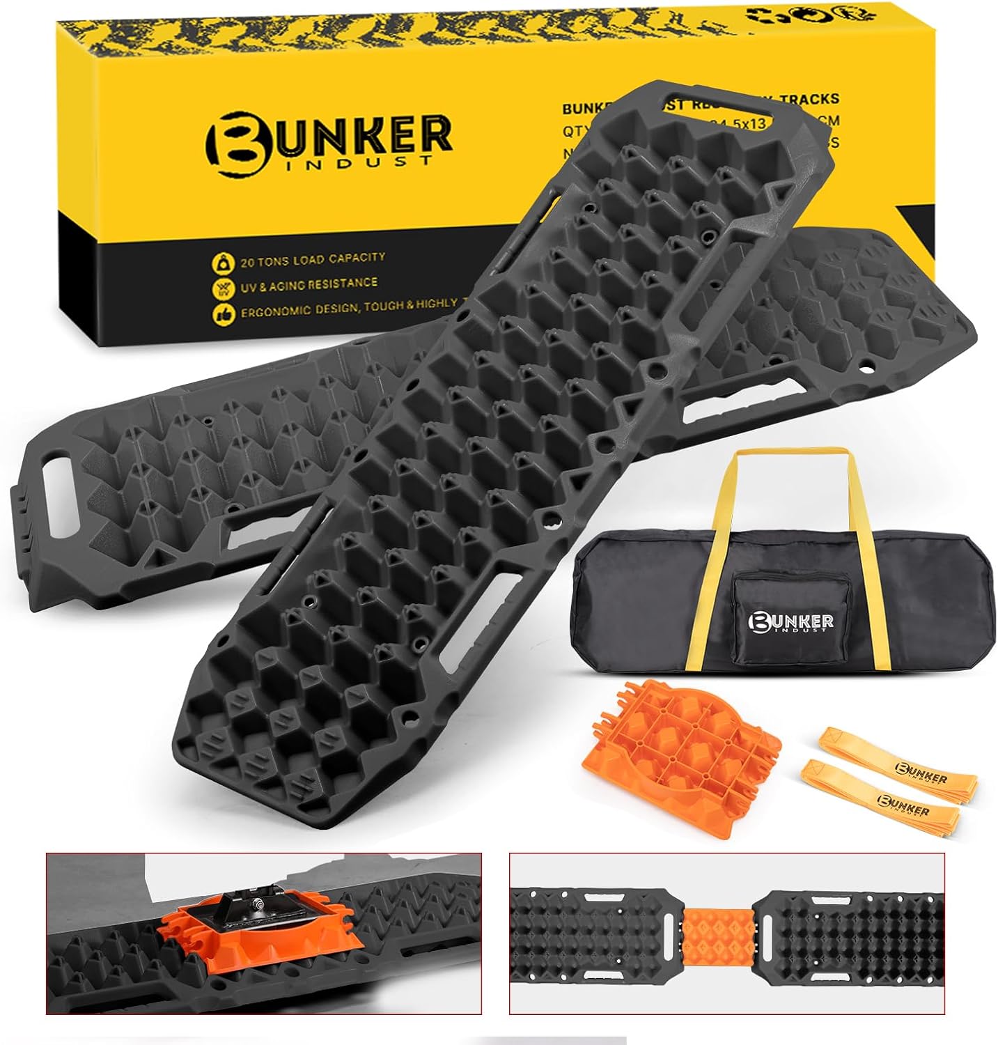 BUNKER INDUST Off-Road Traction Boards with Jack Lift Base,2 Pcs Multifunctional Recovery Track Ramp Traction Mat for 4WD UTV SUV Truck-Mud, Sand, Snow Tire Traction Devices Black with Carry Bag