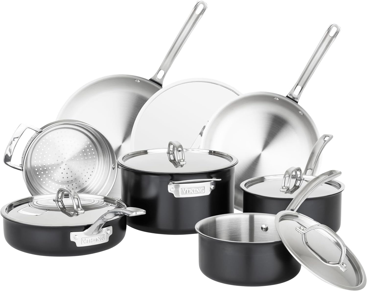 Viking 3-Ply Pots and Pans Set, 12 Piece Stainless Steel Kitchen Cookware Set with Lids, Dishwasher Safe, Induction Ready, Cast Black