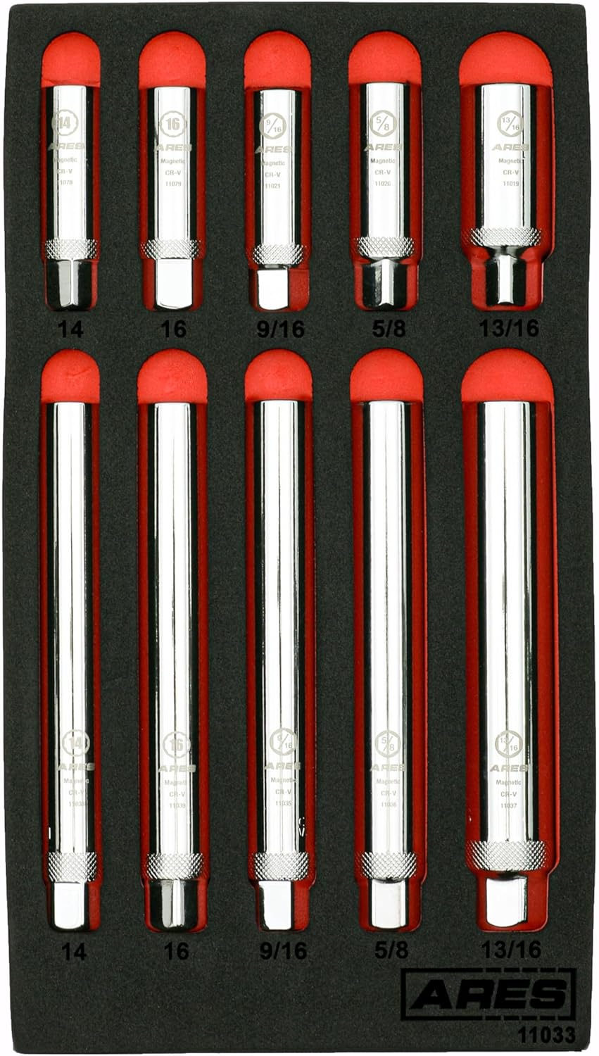 ARES 11033-10-Piece Extra Deep and Standard Length Magnetic Spark Plug Socket Set – 3/8-Inch Drive Spark Plug Sockets - 2.5-Inch and 6-Inch Length 6-Point and 12-Point Sockets – Foam Storage Tray
