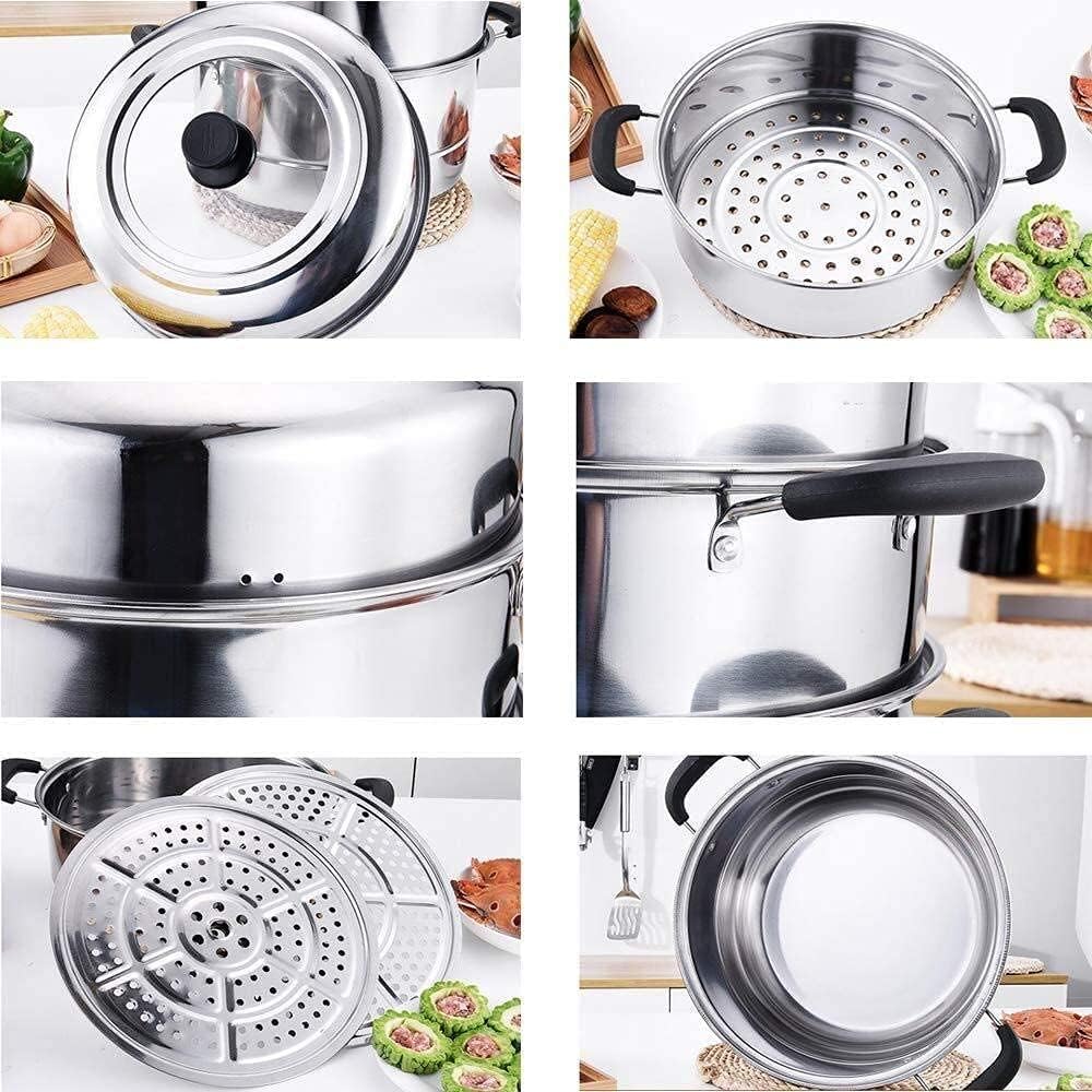 Steamer Pans,Stainless Steel 3 Tier Uncoated Composite Bottom Steamers with Glass Lid and Polished Mirror Finish, Suitable for Household Kitchen Food Steamer/Stock Pot-30cm,One Color-30cm