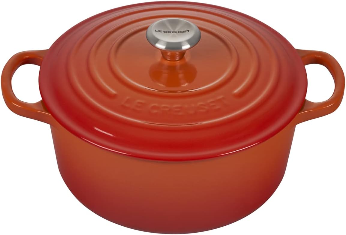 Le Creuset 7 1/4 Qt. Signature Round French Oven w/Additional Engraved Personalized Stainless Steel Knob - Flame