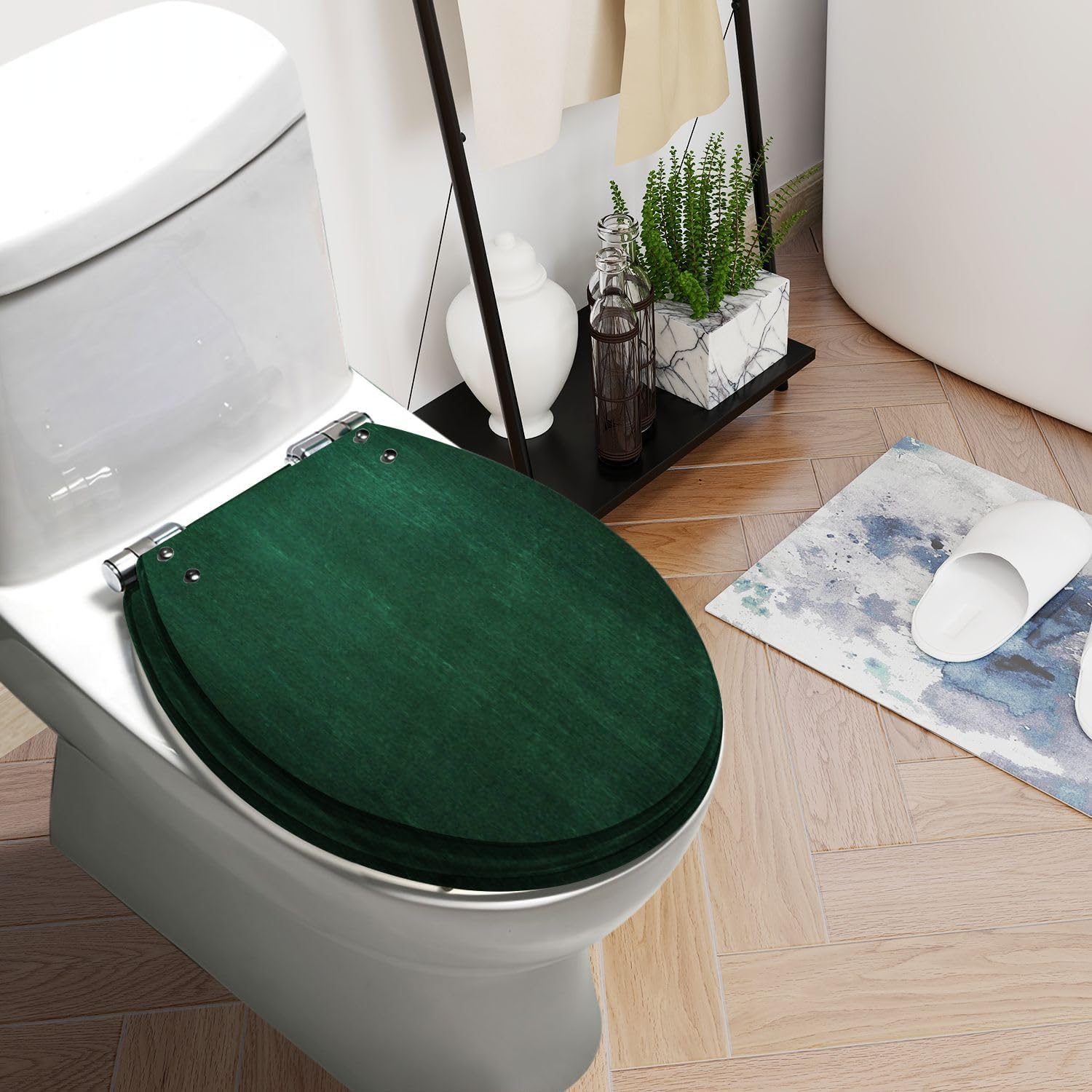 Round Toilet Seat Dark green wall texture style for text Resin Toilet Seat Slow Quiet Close with Quick-Release Hinges Toilet Seat with Cover Easy to Clean Install