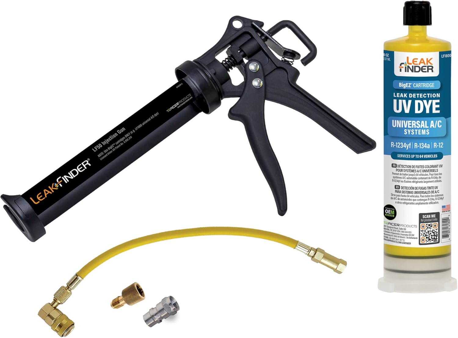 LF810 BIGEZ Air Conditioning Refrigerant Leak Detection Injection Kit - 8oz AC Leak Detector Dye, Caulking Gun Injector, R134A Hose Coupler, Made in USA
