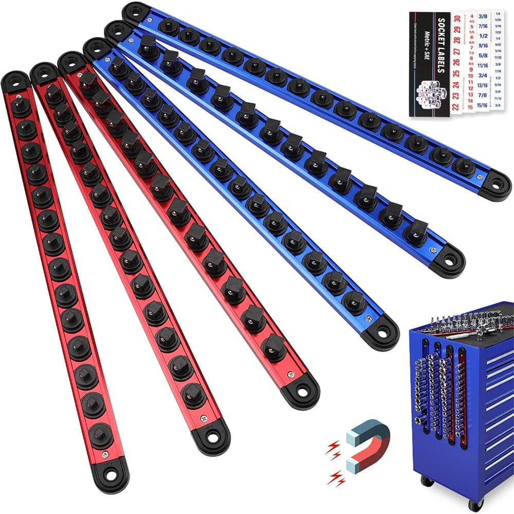 18-Piece Magnetic Socket Holder Organizer Set (Holds 240 Sockets), Heavy Duty 1/2, 3/8, 1/4-Inch Socket Racks Premium Quality Socket-Clip Rail Holder Aluminum Sockets Rack Kit for Tool Box Drawer