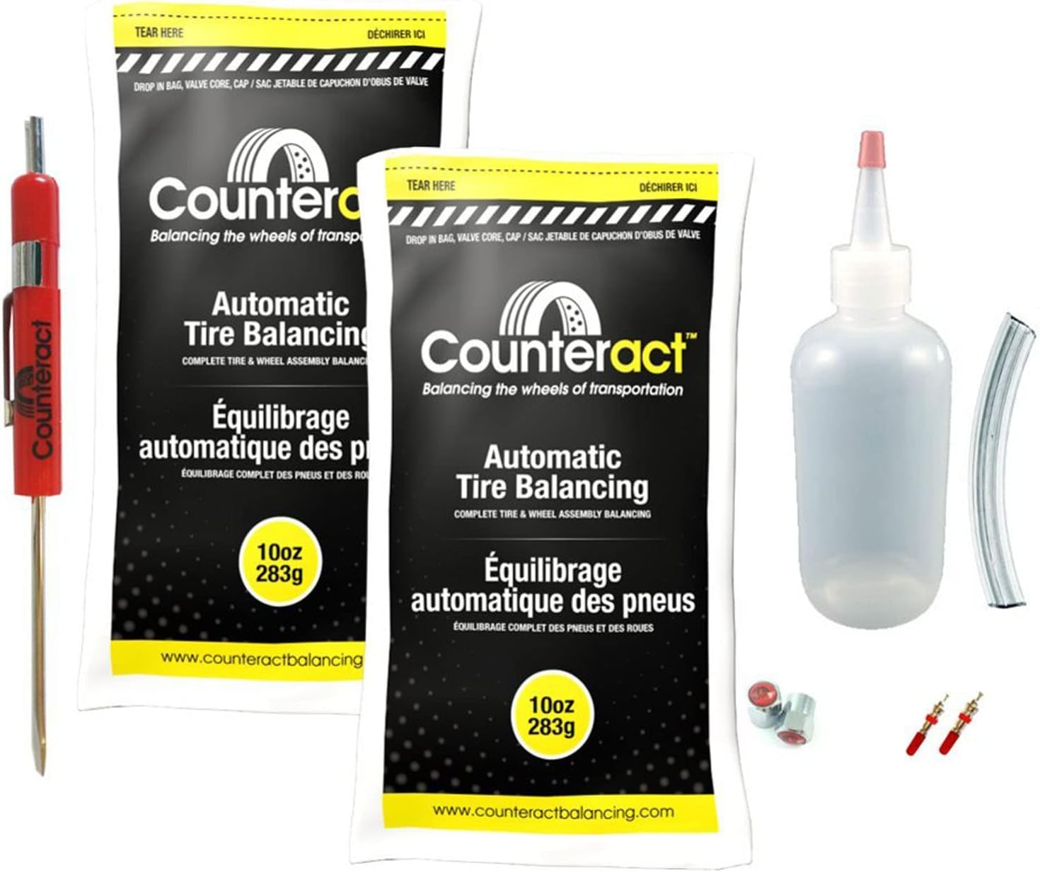 Counteract DIYK-20 Do It Yourself Tire/Wheel Balancing Beads Kit - Off -Road, Medium/Heavy Duty Truck Tires, (4) 20oz DIY Bead Bags, (4) Valve Caps and Cores, (1) Core Remover, Injector Bottle