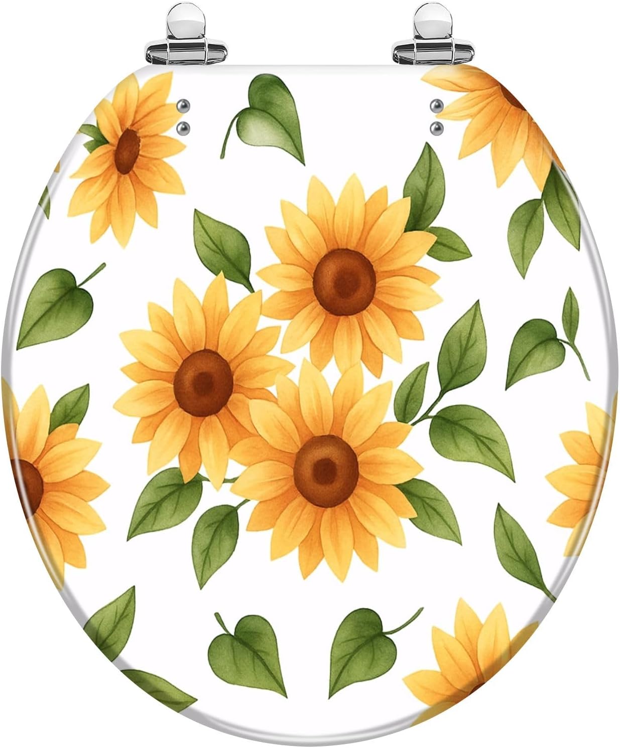 Round Toilet Seat Sunflower seamless Yellow summer floral white Repeating Resin Toilet Seat Quietly Close Quick Release Hinges with Cover Bumpers Decorative Easy to Install Clean