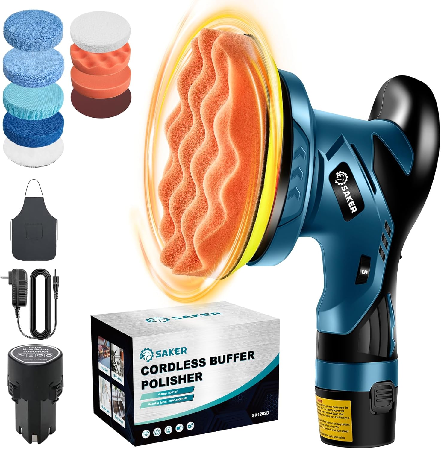 Saker Cordless Car Buffer Polisher - 6 Inch Portable Polishing Waxer Machine Kit for Car Detailing, with 3PCS 12V 2000mAh Batteries, Extra 10 PCS Attachments