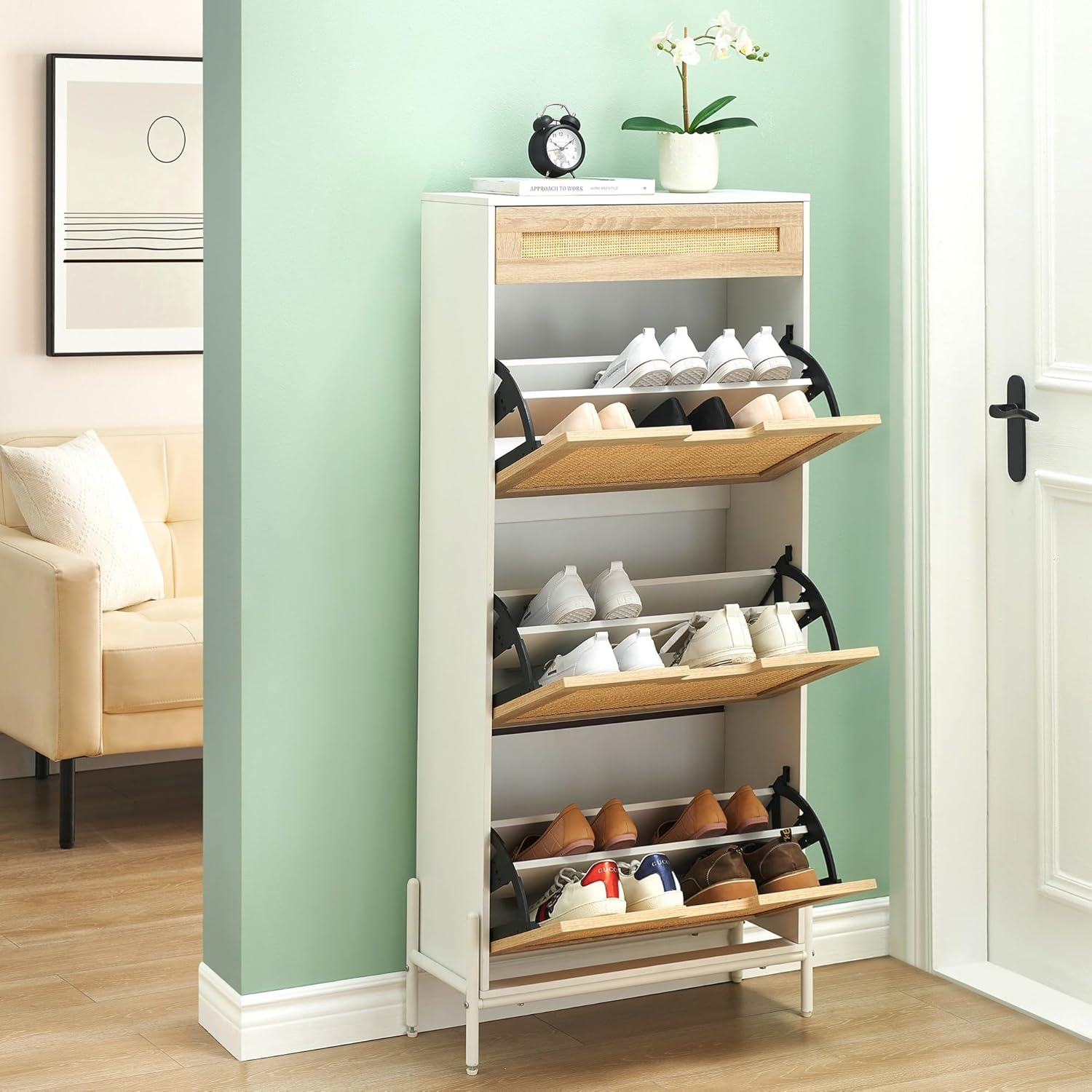 GarveeHome Natural Rattan Storage Cabinet with 3 Flip Doors and 1 Drawer, Entry Way Shoe Storage Cabinet with Adjustable Shelf, Freestanding Entrance Shoe Cabinet for Entryway, Hallway, White and Oak