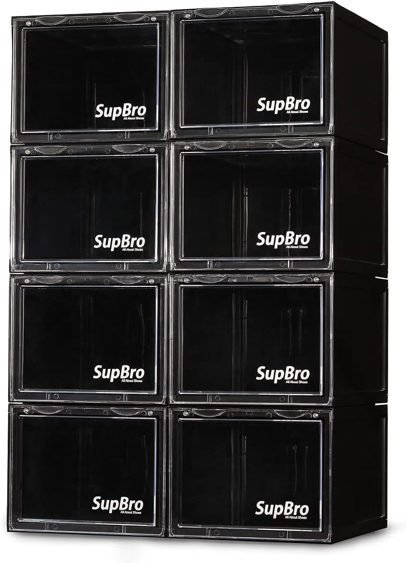 SupBro Collection Crate - Easy Access Storage Shoes Box -Plastic Foldable Stackable Sneaker Display Storage with Clear Front Door Organizer-8 Pack (Steel Flash)