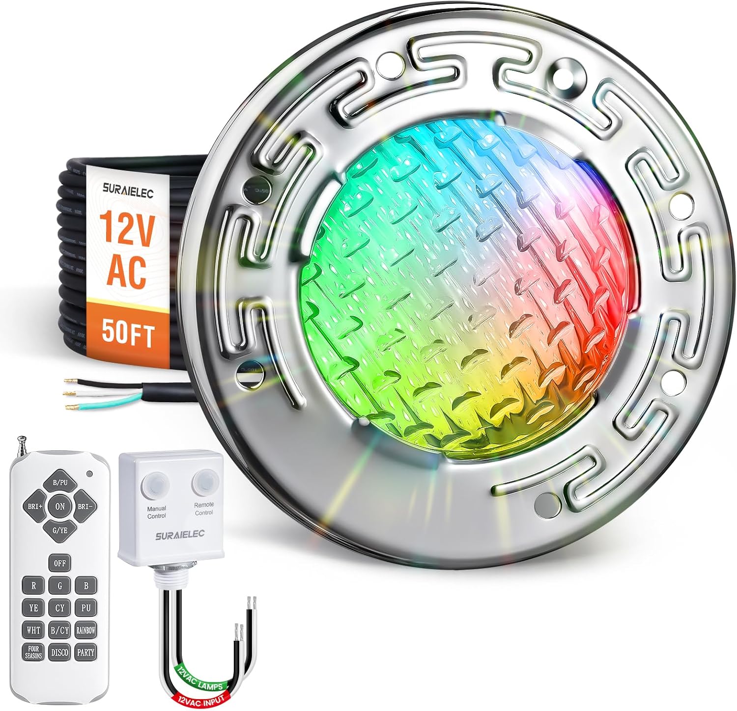 SURAIELEC 12V AC Pool Lights for Inground Pool, 10 inch Color Changing LED Pool Light with Remote Control, 300W Equivalent, Underwater Swimming Pool Light Fixture for Large Wet Niches, 100FT Cord