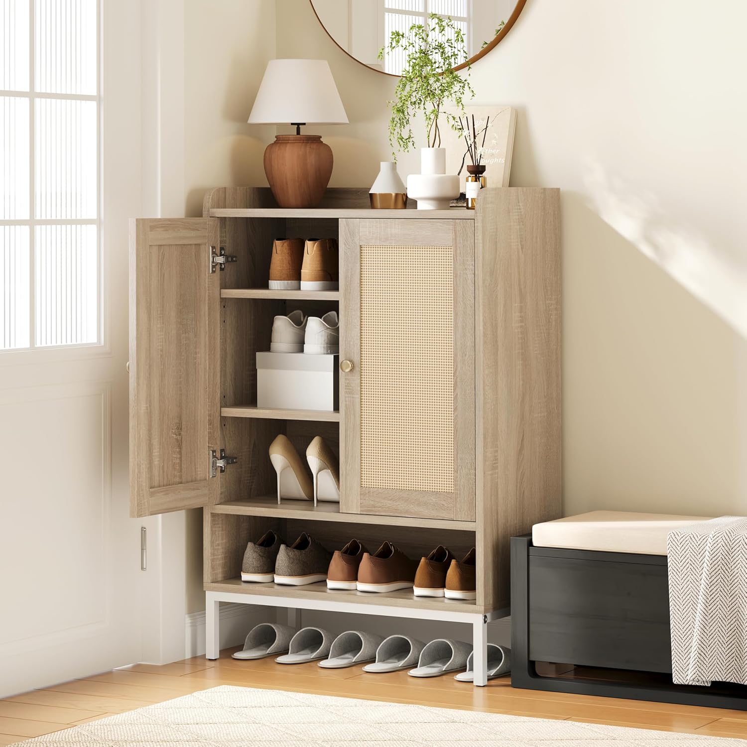 JASIWAY Rattan Shoe Cabinet Storage for Entryway, Shoe Cabinet with Adjustable Shelves for Entryway, 5-Tier, 20 Pair Shoe Rack Storage for Hallway, Closet, Living Room, Natural