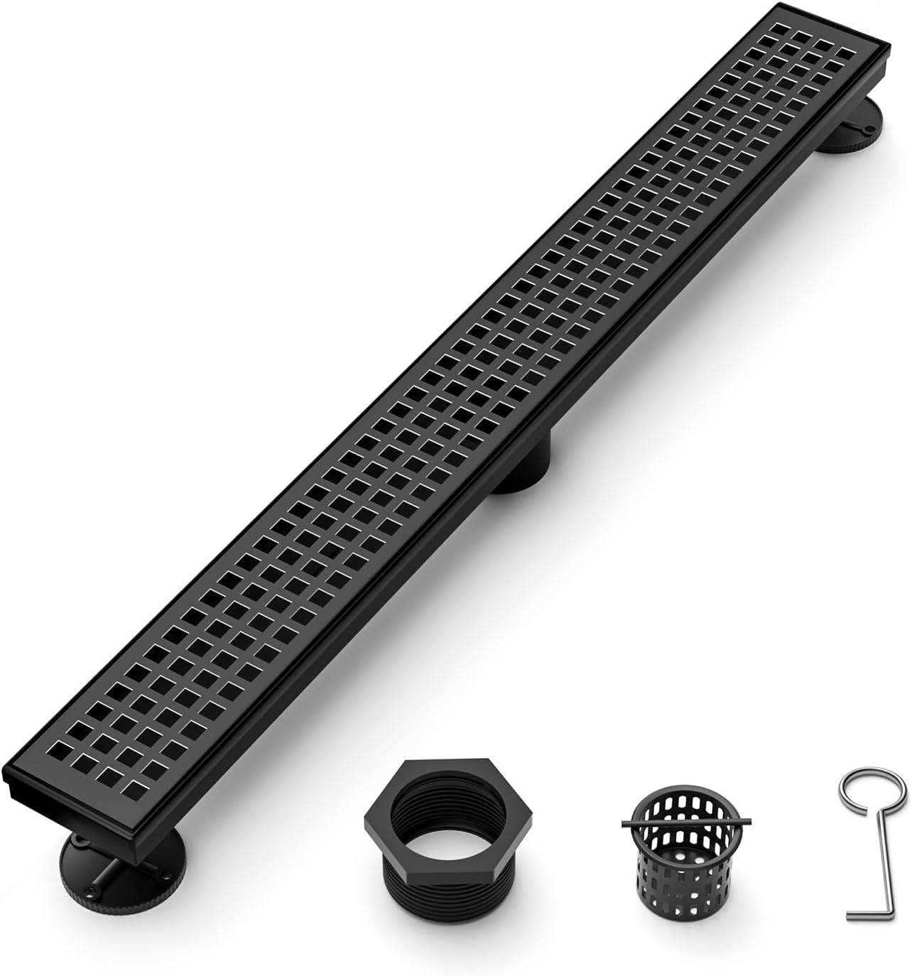 36 Inch Black Linear Shower Drain, Rectangular Shower Floor Drains with Square Hole Cover, 304 Stainless Steel Linear Drain with Leveling Feet, Hair Strainer (Matte Black)