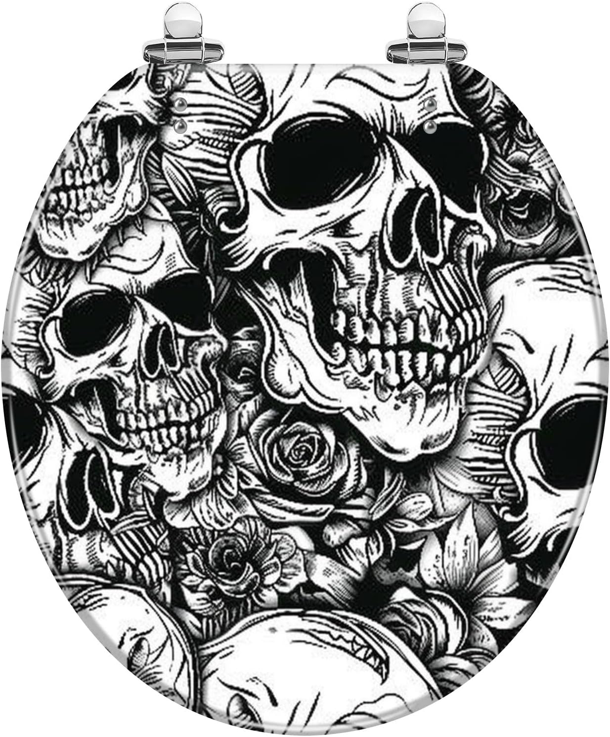 Round Toilet Seat Black White Tattoo Skull Seamless Pattern Resin Toilet Seat Slow Quiet Close with Quick-Release Hinges Toilet Seat with Cover Easy to Clean Install