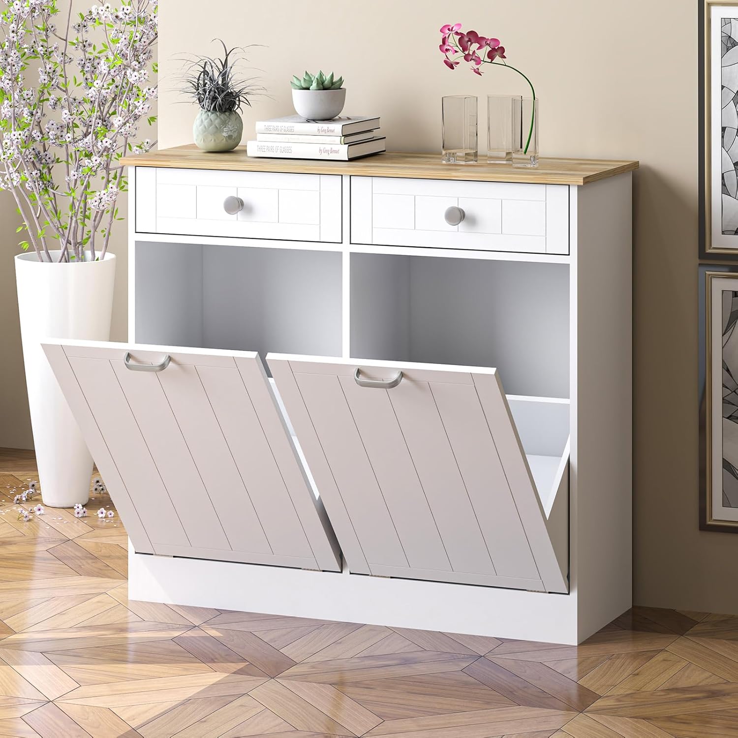 Rovibek Double Tilt Out Trash Can Cabinet with Storage Drawers - Freestanding White Garbage Can Cabinet, 20 Gallon Hidden Trash Can Cabinet for Kitchen Dining Living Room