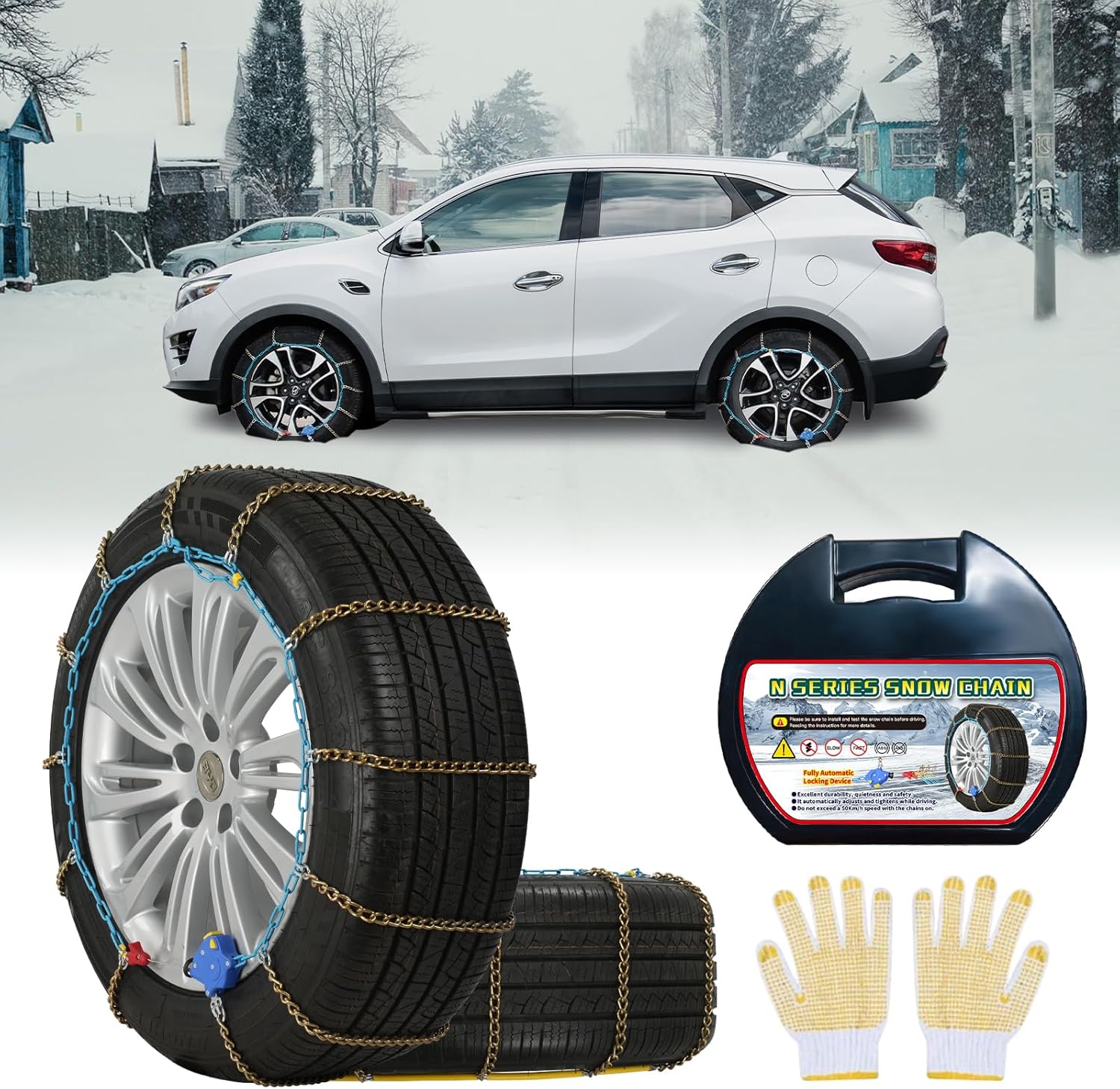 Auto Tightening Snow Chains Tire Chains, 1-Minute Quick Install, Twist-Link, Wear-Resistant, Universal for Car/SUV/Pickup Trucks, Multi-Weather Emergency Traction, Set of 2 (HLN-140, 3.9mm)