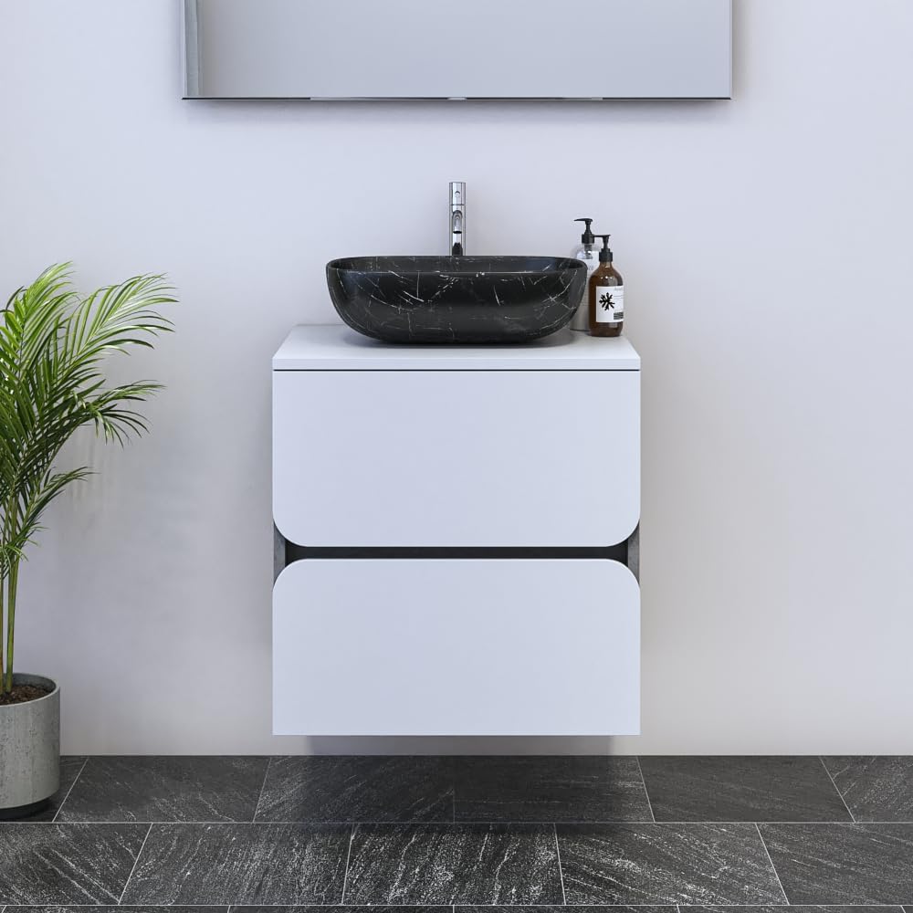 Meble Furniture Azurro 2S 60 Floating Bathroom Vanity - Modern Bathroom Vanity with 18'' Black Vessel - Vanity with Spacious Storage for Bathroom - Contemporary and Unique Bathroom Sink Vanity - White