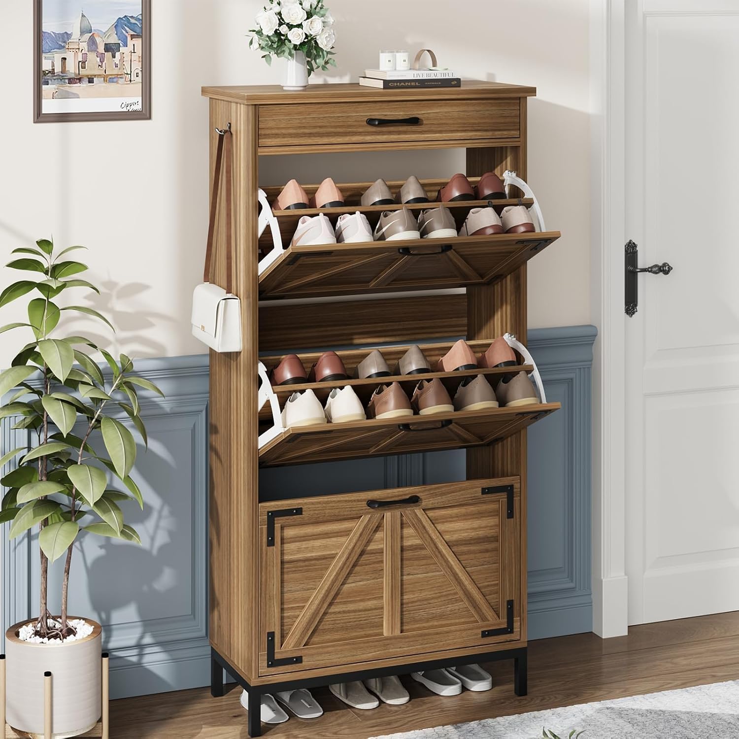 Shoe Storage Cabinet with 3 Flip Drawer, Farmhouse Narrow Shoe Cabinet with Metal Legs and Pull Out Drawer, 57.1'' Hight Freestanding Hidden Shoes Storage Organizer for Entryway, Hallway (White)