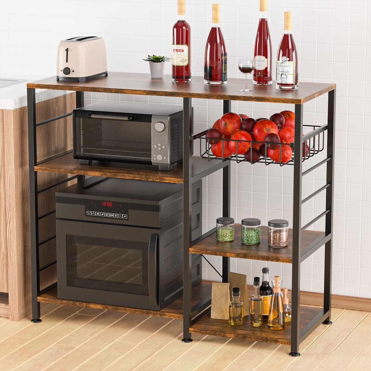Kitchen Bakers Rack with Storage Shelf Bakers Rack Coffee Bar Table with Wire Basket 7 Hooks Microwave Oven Stand Metal Frame Wood Organizer, Rustic Brown