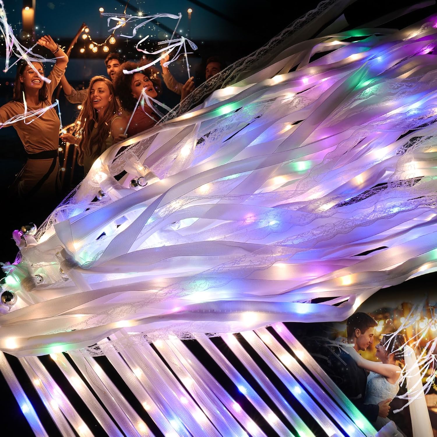 100 Pieces Light up Wedding Wands with Ribbons & Bells –LED Silk Wedd Fairy Wands Streamers with Warm White & Colorful Lights for Wedding Send Off Ideas, Parties, and Celebrations