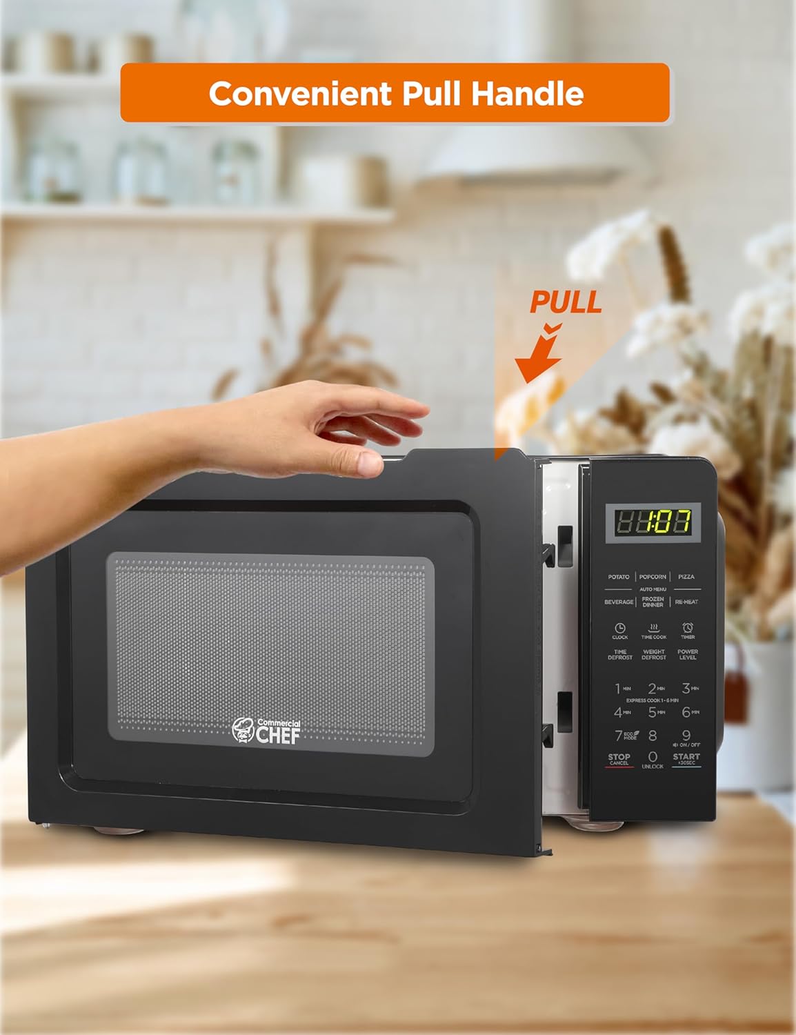 COMMERCIAL CHEF 0.7 Cubic Foot Microwave with 10 Power Levels, Small Microwave with Pull Handle, 700W Countertop Microwave up to 99 Minute Timer and Digital Display, Black