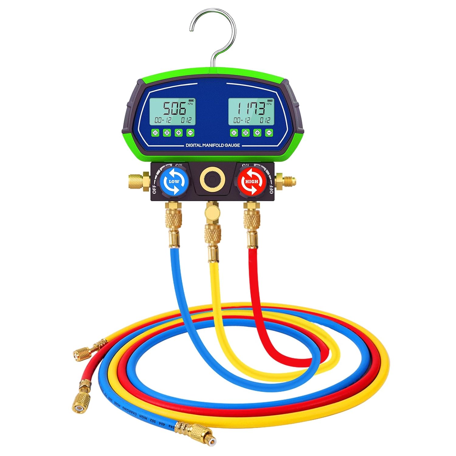 Digital Manifold Gauge Set HVAC 2-Way Valve, R410a R22 Refrigeration Gauges, AC Manifold Gauge with Thermometer Clamps (Upgrad Dual Test Data)