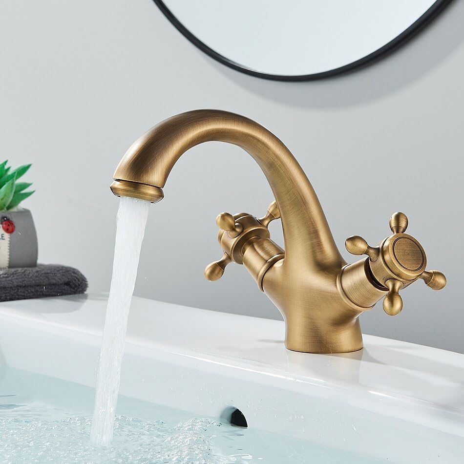 Gold/Antique Brass Bathroom Basin Sink Faucet Bath Wash Basin Mixer Tap Single Hole Solid Brass Deck Mounted Bath Tap(Brushed Nickel)