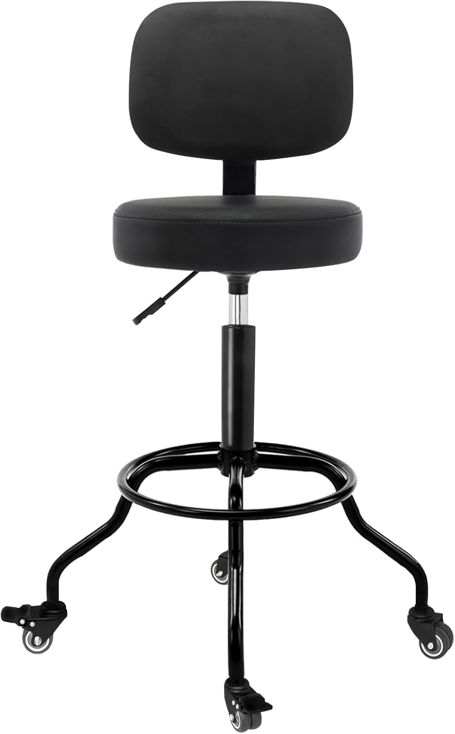 Heavy Duty Shop Stool with Ergonomic Backrest - Lockable Rubber Wheels & Adjustable Height, 360° Swivel, High Footrest for Garage Workshop Workbench, 350lbs Capacity (Black, 26
