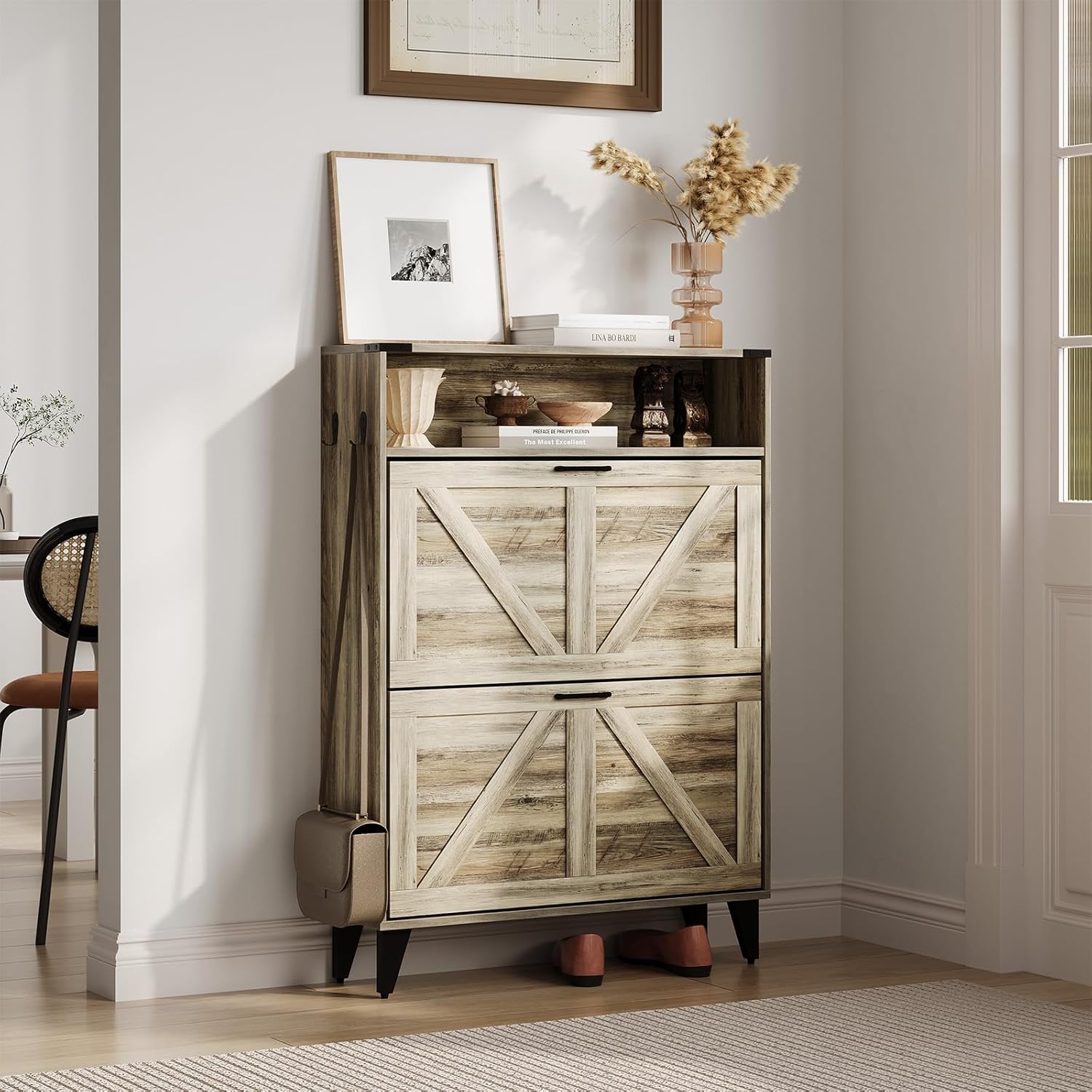 GarveeHome Freestanding Shoe Cabinet, 2 Flip Drawers Front Door Shoe Rack with Adjustable Shelf & Metal Legs, Shoe Rack for Front Door Entrance, Entryway, 31.5 in D x 9.45 in W x 44.49 in H, Gray