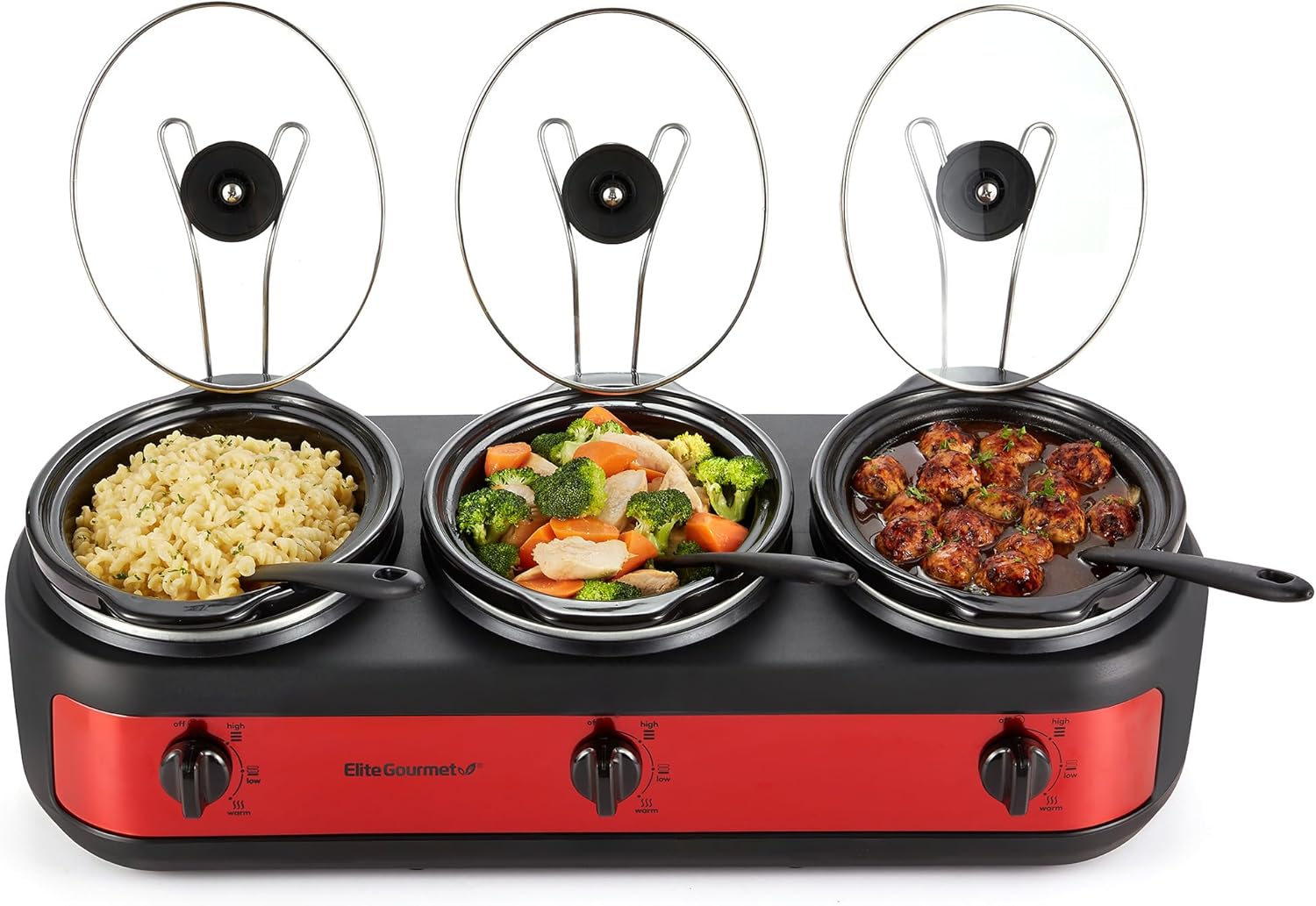 Elite Gourmet EWMST-325R Maxi-Matic Triple Slow Cooker Buffet Server Adjustable Temp Dishwasher-Safe Oval Ceramic Pots, Lid Rests, 3 x 2.5 Qt Capacity, Red
