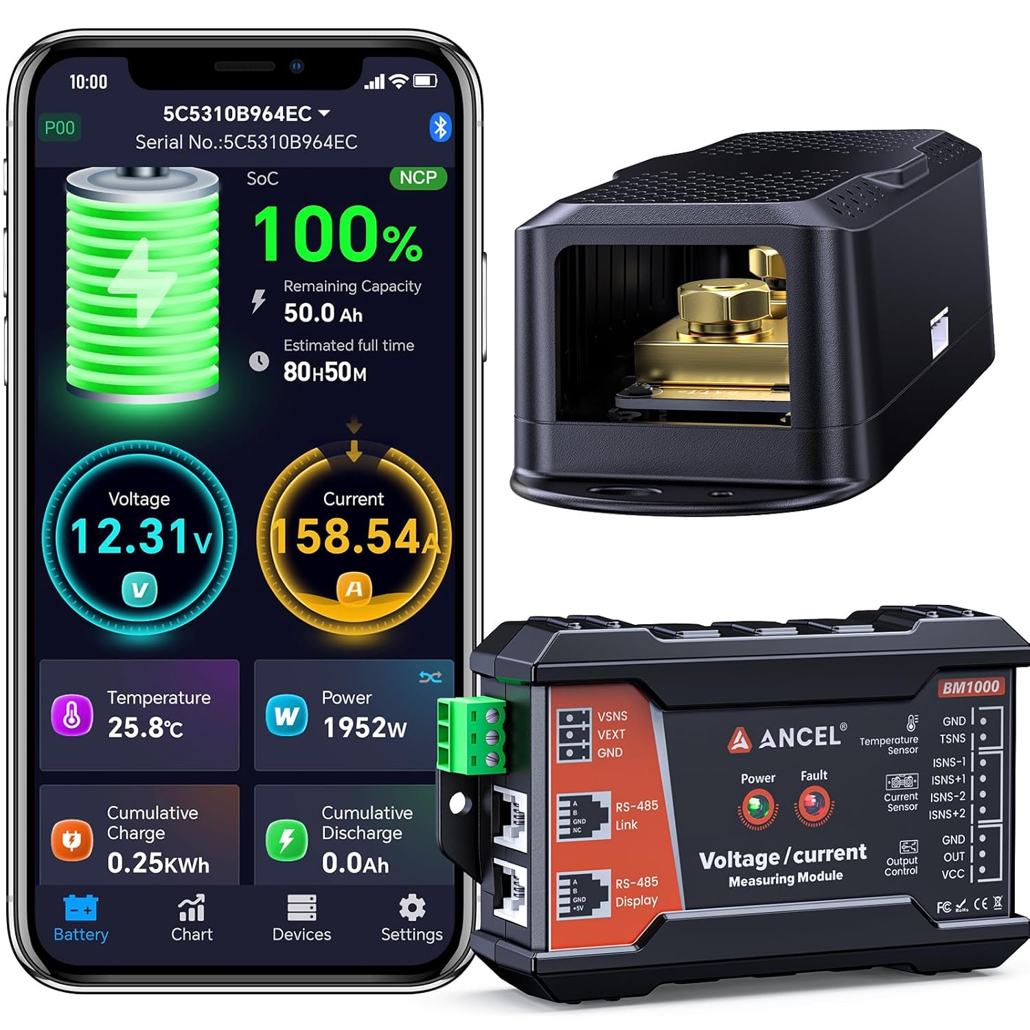 ANCEL BM1000 Bluetooth Battery Monitor with 400A Shunt, Wide 10-120V Range Smart Battery Meter, Real-Time Voltage Current SOC Tracking, Compatible with RV, Solar, Marine & Off-Grid Systems