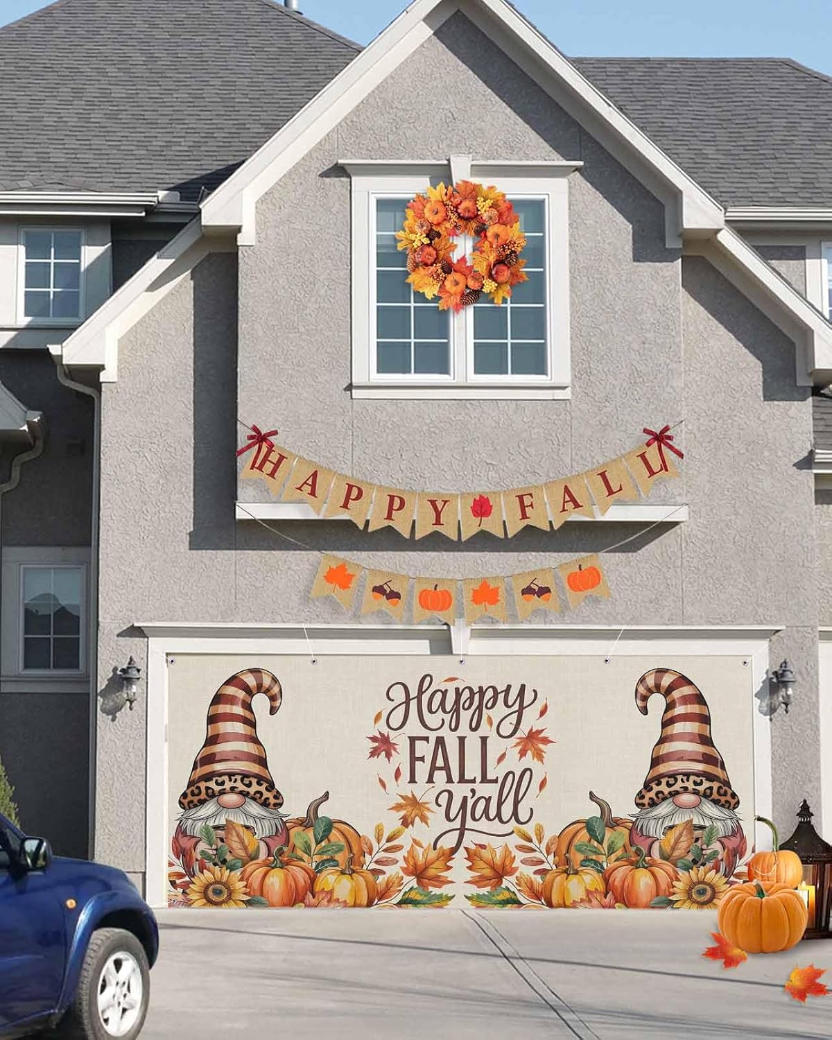 Happy Fall Y'all Garage Door Banner 7 x 16 ft Thanksgiving Gnome Pumpkins Holiday Garage Decorations Photo Background Large Outdoor Hanging Backdrop Garage Door Cover for Party Home Decor