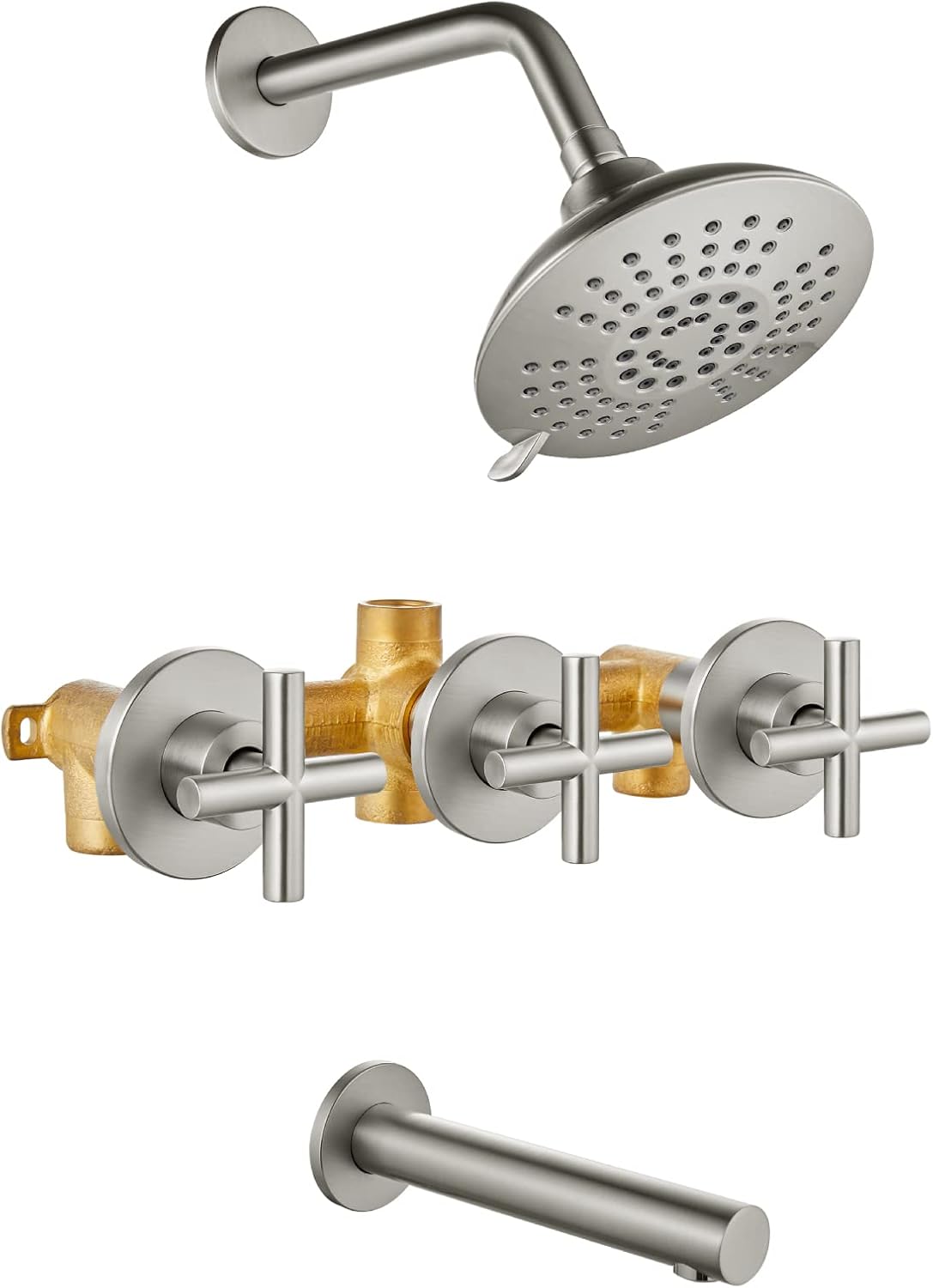 3 Handles Tub Shower faucet set with Tub Spout Wall Mount 5-setting 6 Inch Round Shower Head Bathtub Filler Bathroom Tub and Shower Trim Kit with Brass Mixer Valve,Brushed Nickel