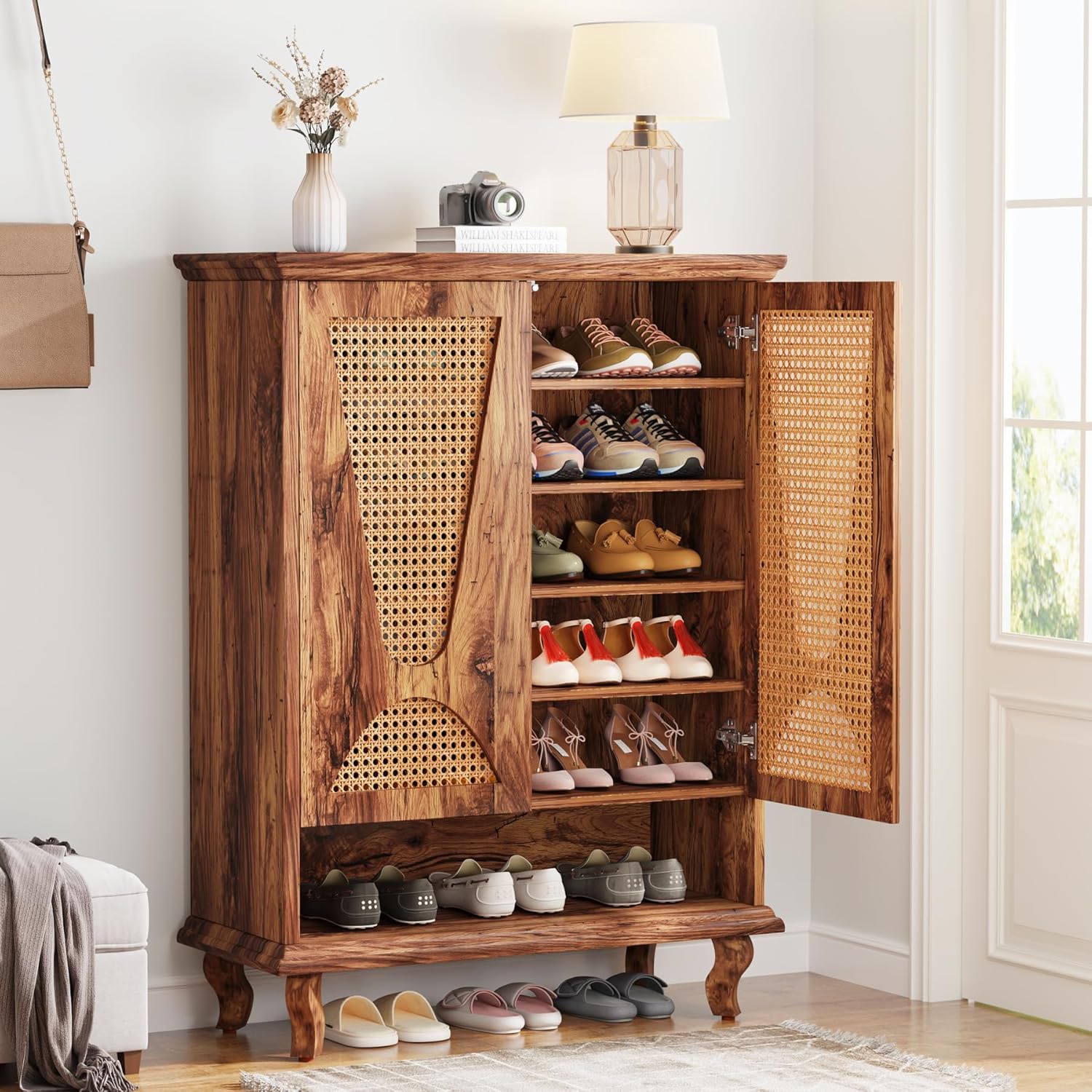 Tribesigns Rattan Shoe Cabinet for Entryway, 5-Tier Large Hidden Modern Freestanding 25-Pair Shoe Organizer Rack Cabinet with Ventilated Doors