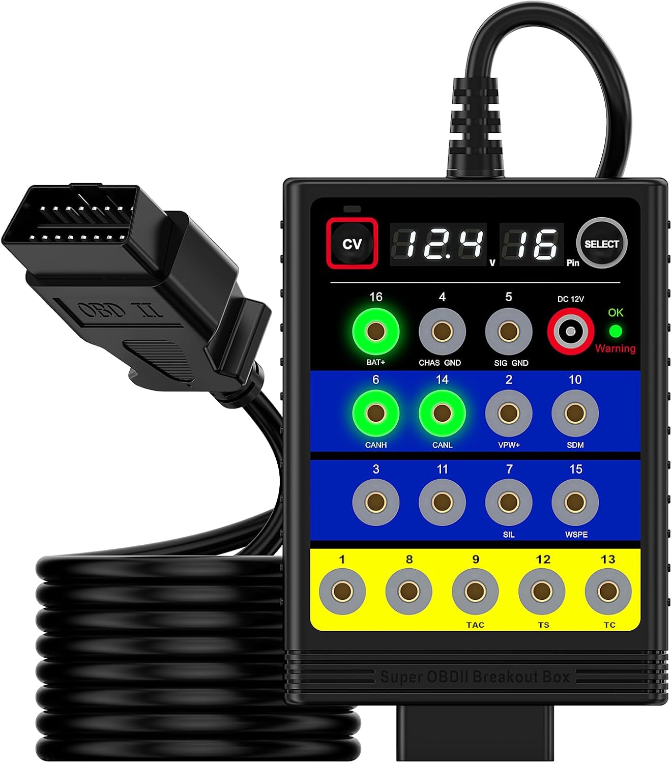 TRISCO Super OBD2 Breakout Box – 16-Pin Automotive Diagnostic Tool with Voltage Display, ECU Programming Support, CAN/K-LINE Protocol Detection