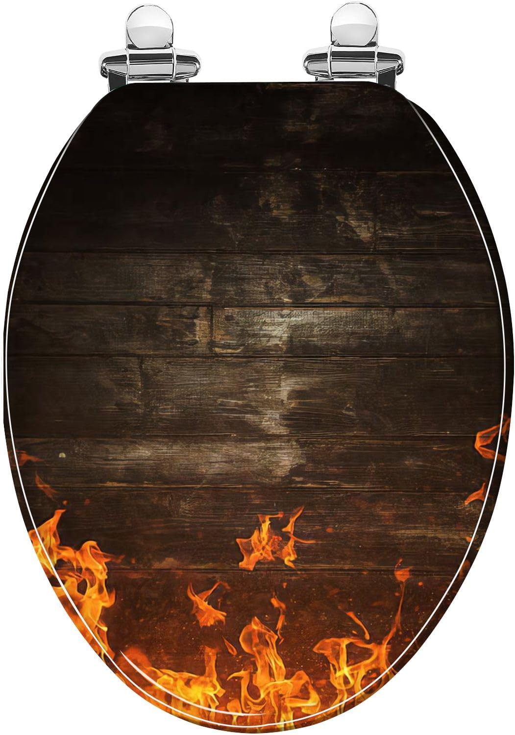 Elongated Toilet Seat Fire flames burnt wooden texture Resin Toilet Seat with Quietly Close Quick Release Hinges Decorative Toilet Seat with Cover Easy to Clean and Install Boys Bathroom Decor