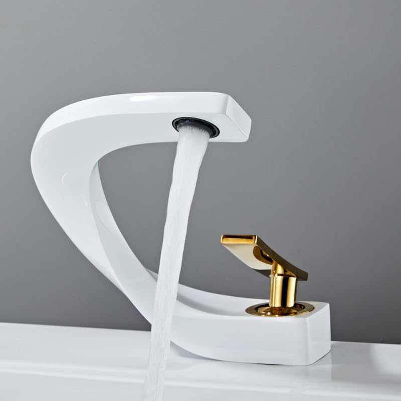 Modern Bathroom Sink Basin Faucet Brass Single Hole Single Handle Deck Mount Cold and Hot Mixed Creative Design Tap Including Two US Standard 3/8 Hoses White Gold
