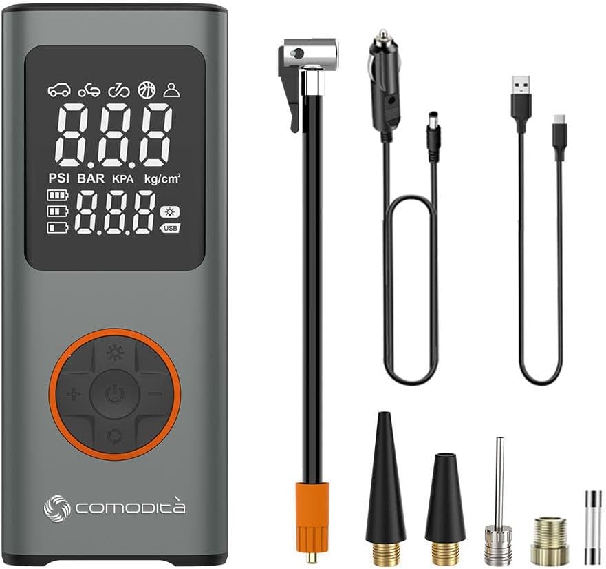 COMODITA Ravenna Multi-Purpose, Portable, Cordless Tire Inflator/Air Pump for Cars, Motorcycles, Bicycles, Rollators, and All Kinds of Toys, with Rechargeable Battery, led Light.
