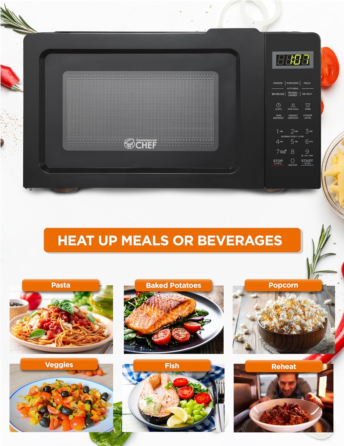 COMMERCIAL CHEF 0.7 Cubic Foot Microwave with 10 Power Levels, Small Microwave with Pull Handle, 700W Countertop Microwave up to 99 Minute Timer and Digital Display, Black