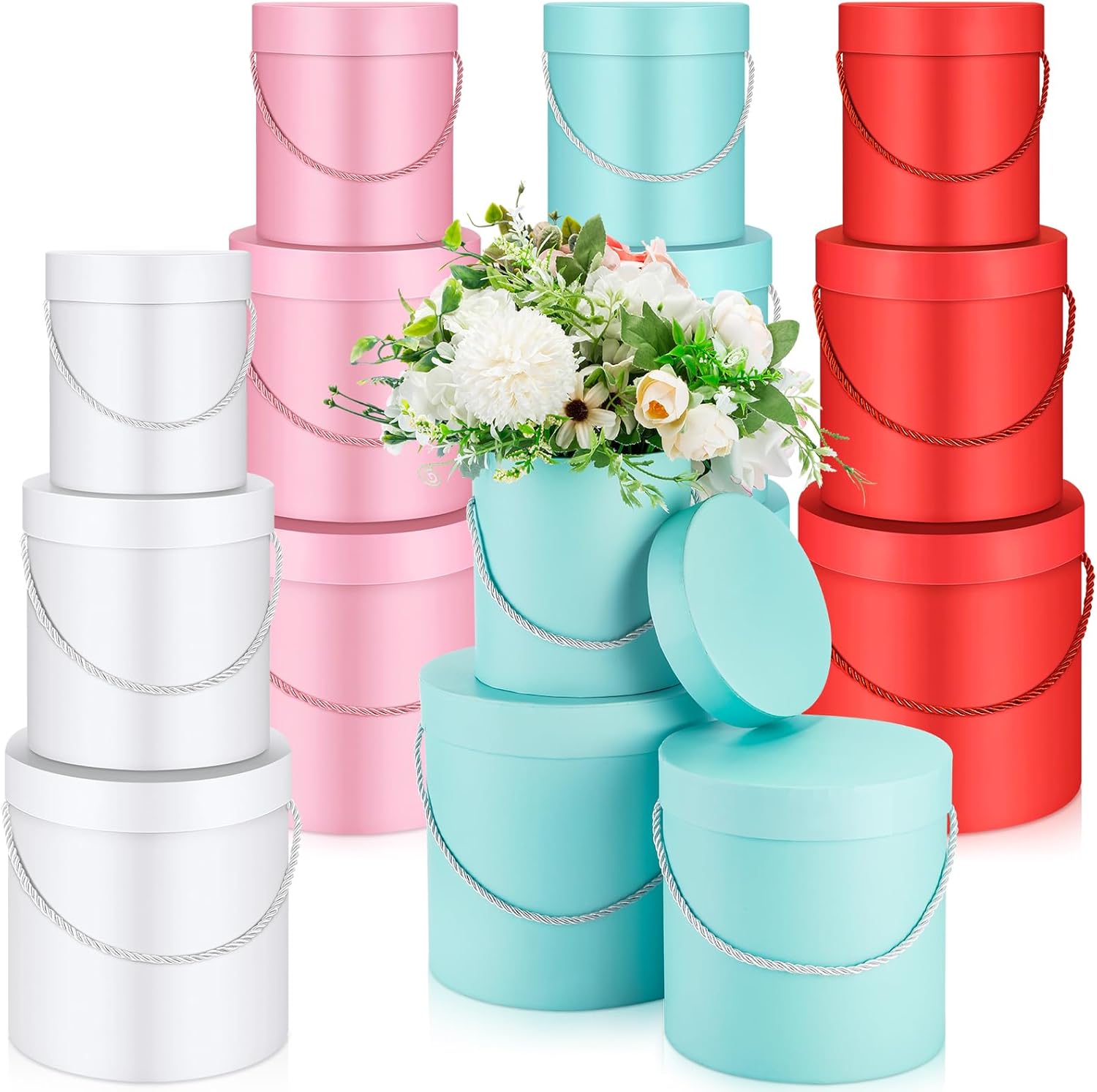 Cholemy 12 Set Round Flower Boxes with Lids 3 Sizes Round Gift Boxes for Arrangements Nesting Gift Box with Handle for Graduation Birthday Anniversary Wedding(Pink, Red, White, Black)